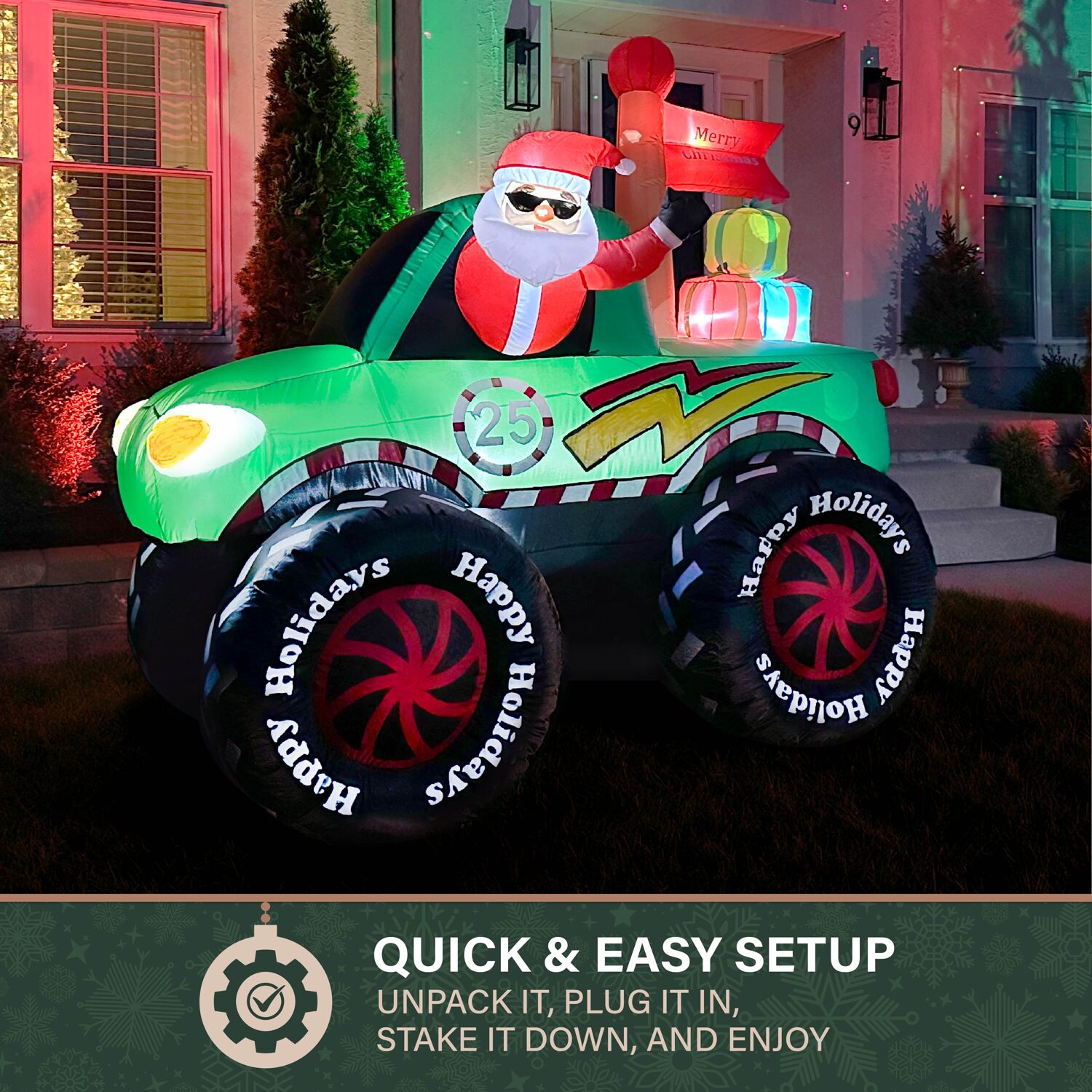 6-Ft Tall Pre-lit Santa in Green Monster Truck Inflatable