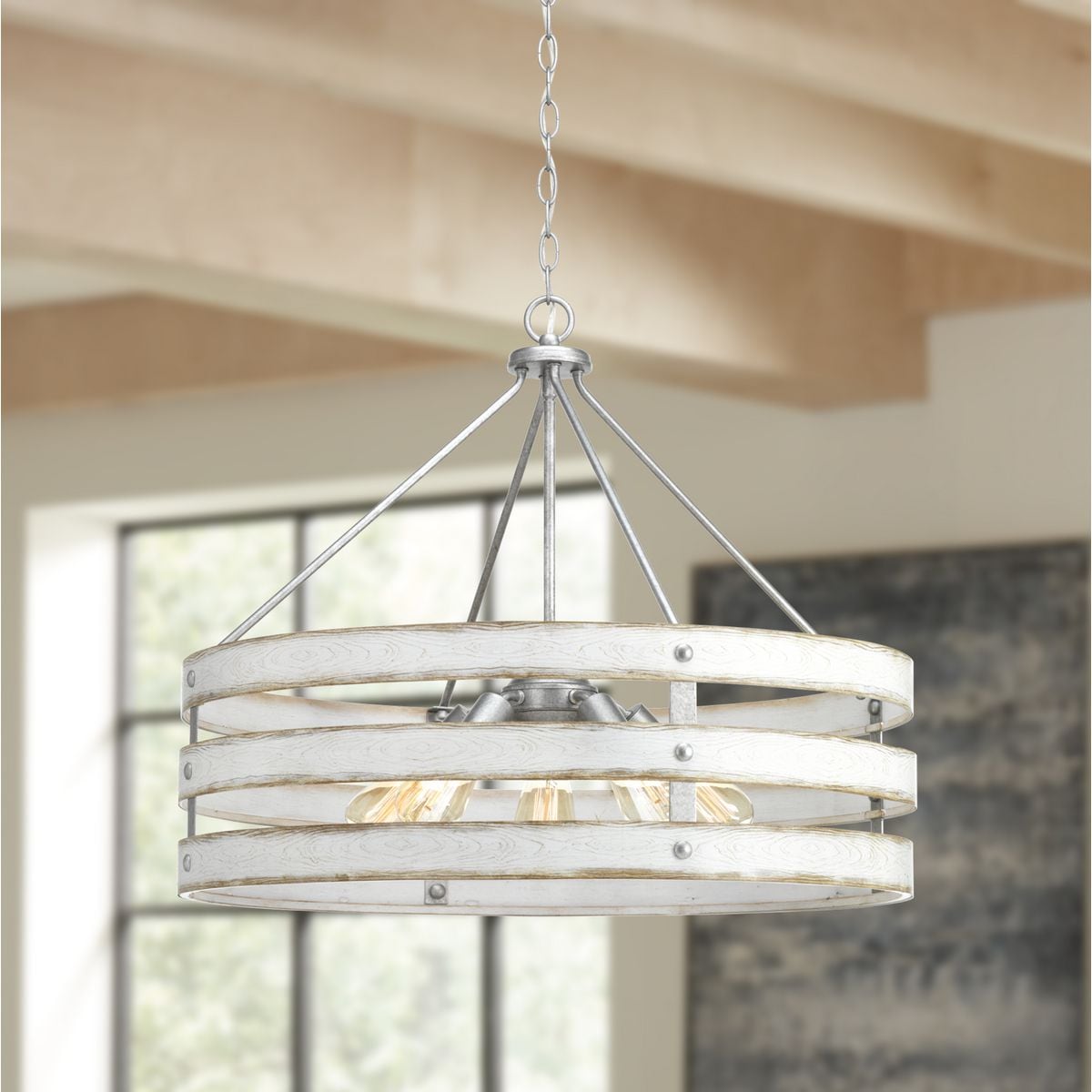 Gulliver 27.75" Galvanized Steel Farmhouse Drum Pendant with Wood-Grained Accents