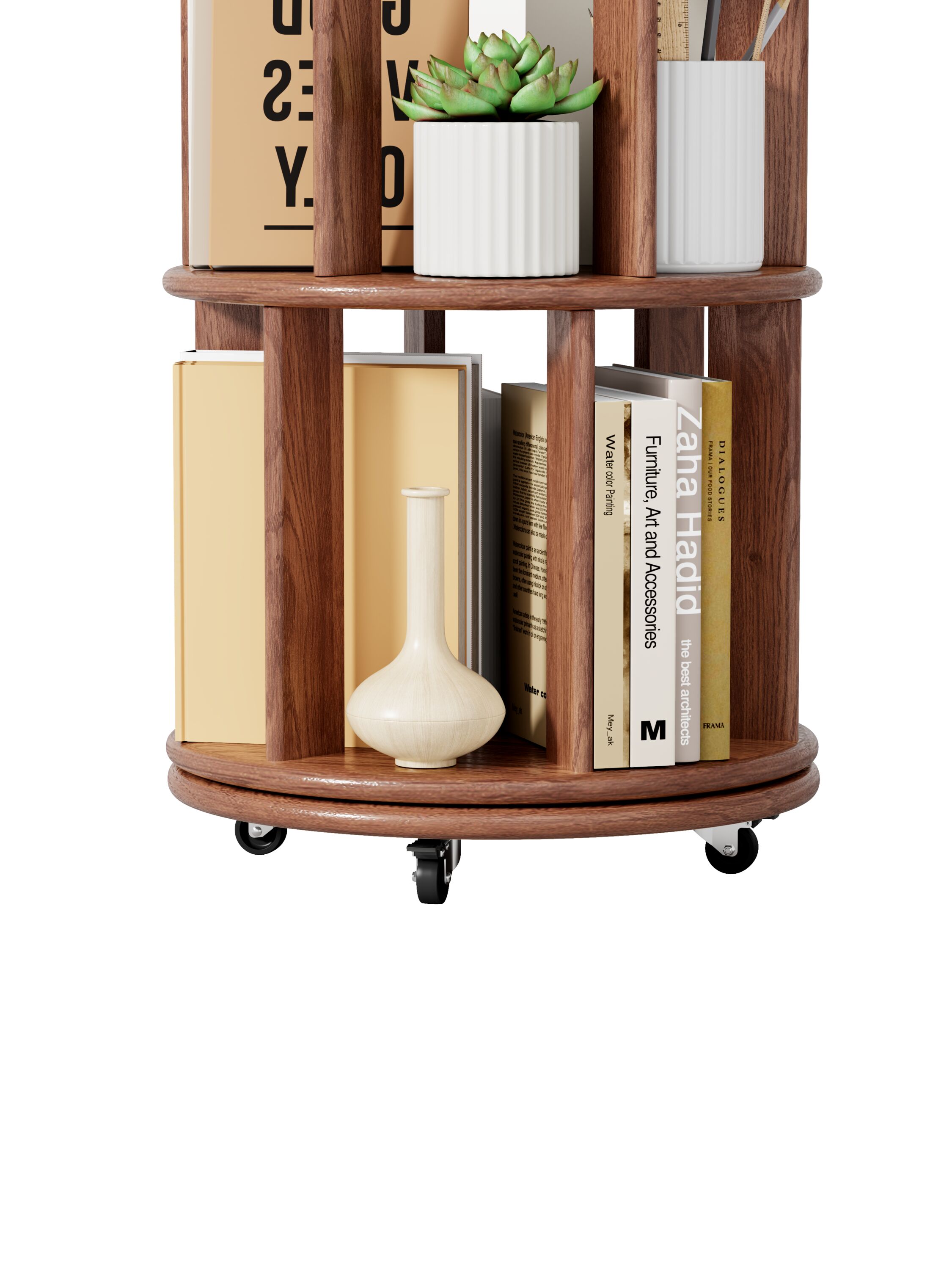 LUXEYARD 100percent Solid Wood Rotating Bookshelf on Wheels 5 Tier ...