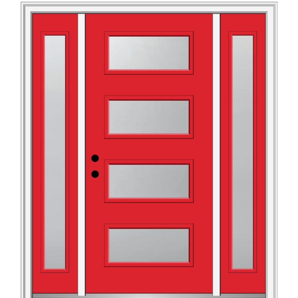 MMI DOOR ZZ349639R Spotlights 64-in x 80-in x 6-9/16-in Fiberglass Pulse lite Right-hand inswing Red Saffron Painted Prehung Front Door with Sidelights with Brickmould Insulating core