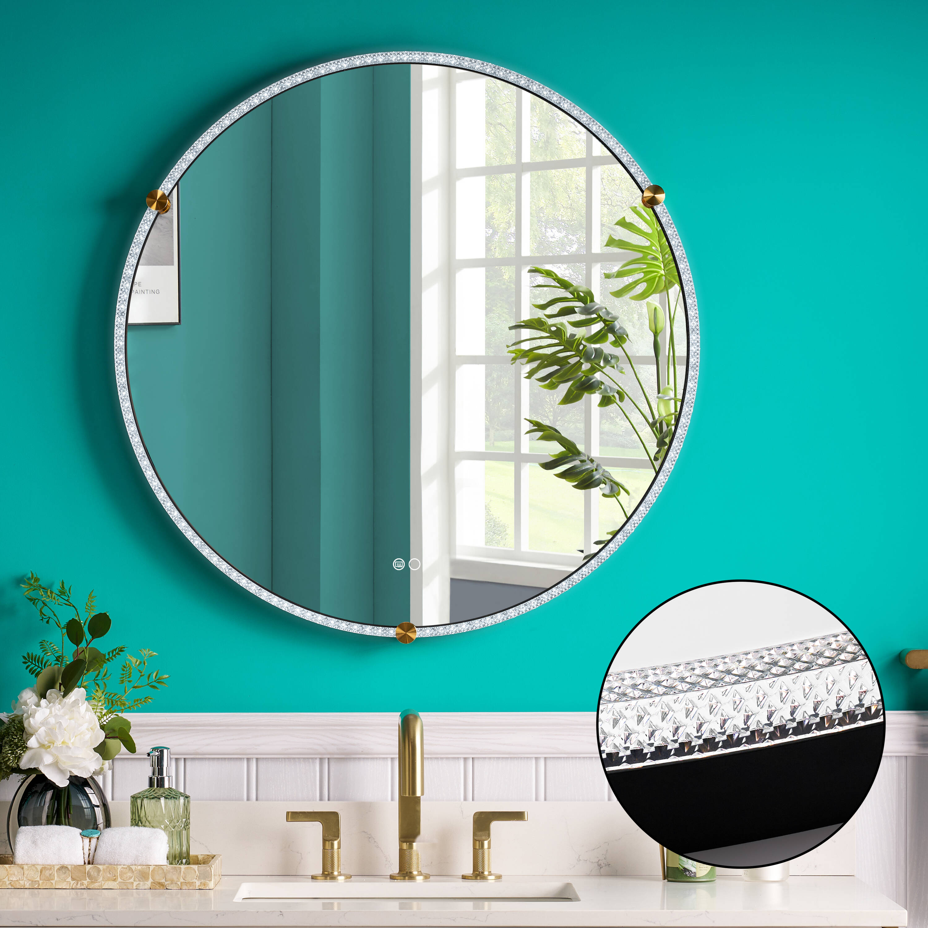 WELLFOR W17RD3232 32-in x 32-in Framed Round Dimmable LED Lighted Fog Free Bathroom Vanity Mirror ( Anodized Aluminum )
