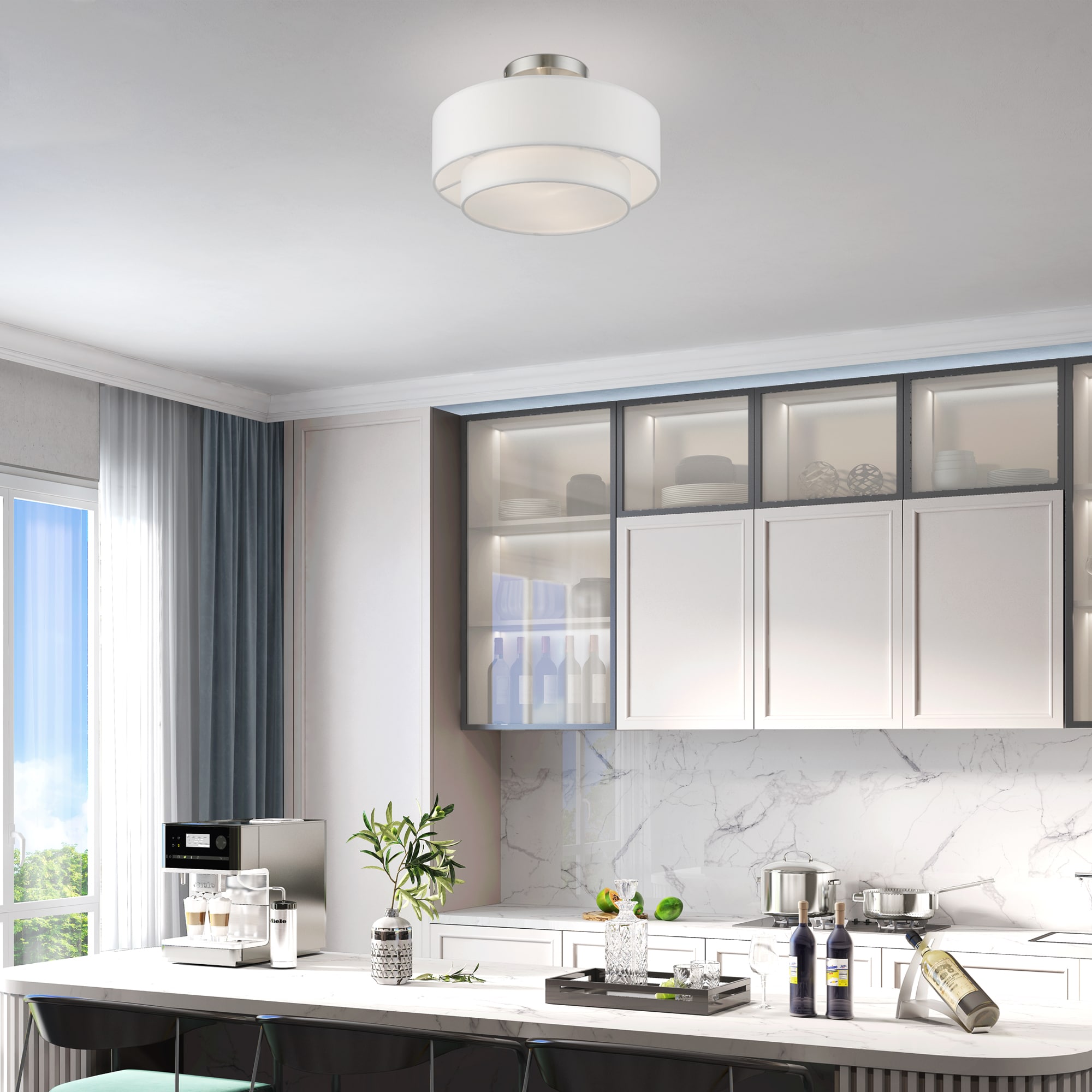 Sleek Brushed Nickel 2-Light Semi-Flush Mount with Off-White Drum Shade