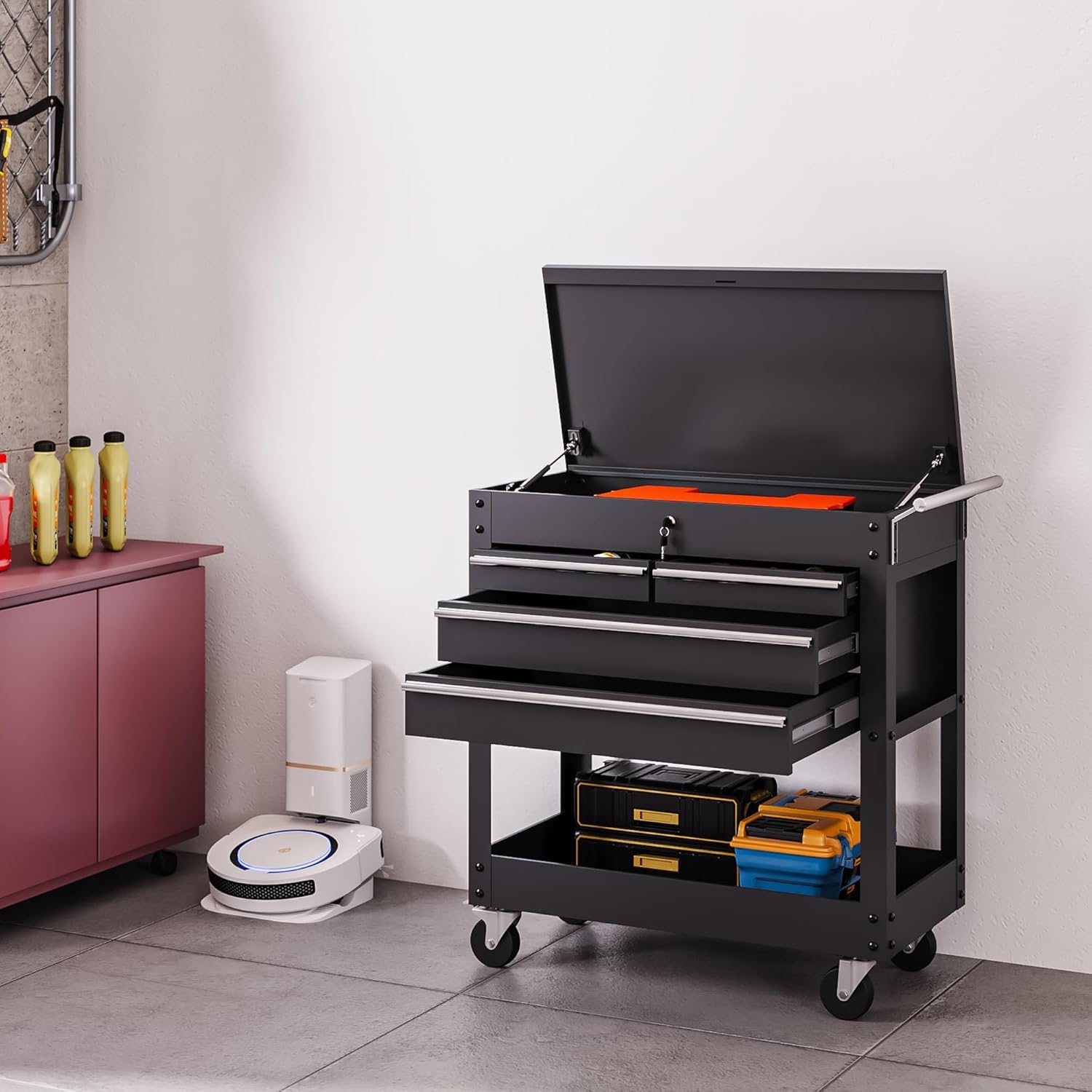 IdealHouse 4 Drawer Tool Cart on Wheels Drawer Rolling CartTool with Locking Drawers Heavy Duty Metal 4 Tiers Shelves with Drawers Tool Storage Organizer