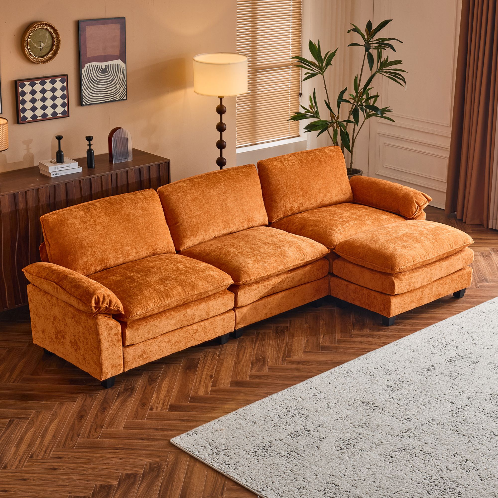 Winado -  120 in. W Pillow Top Arm Double-layer Cushion Chenille Sofa in Orange With Ottoman
