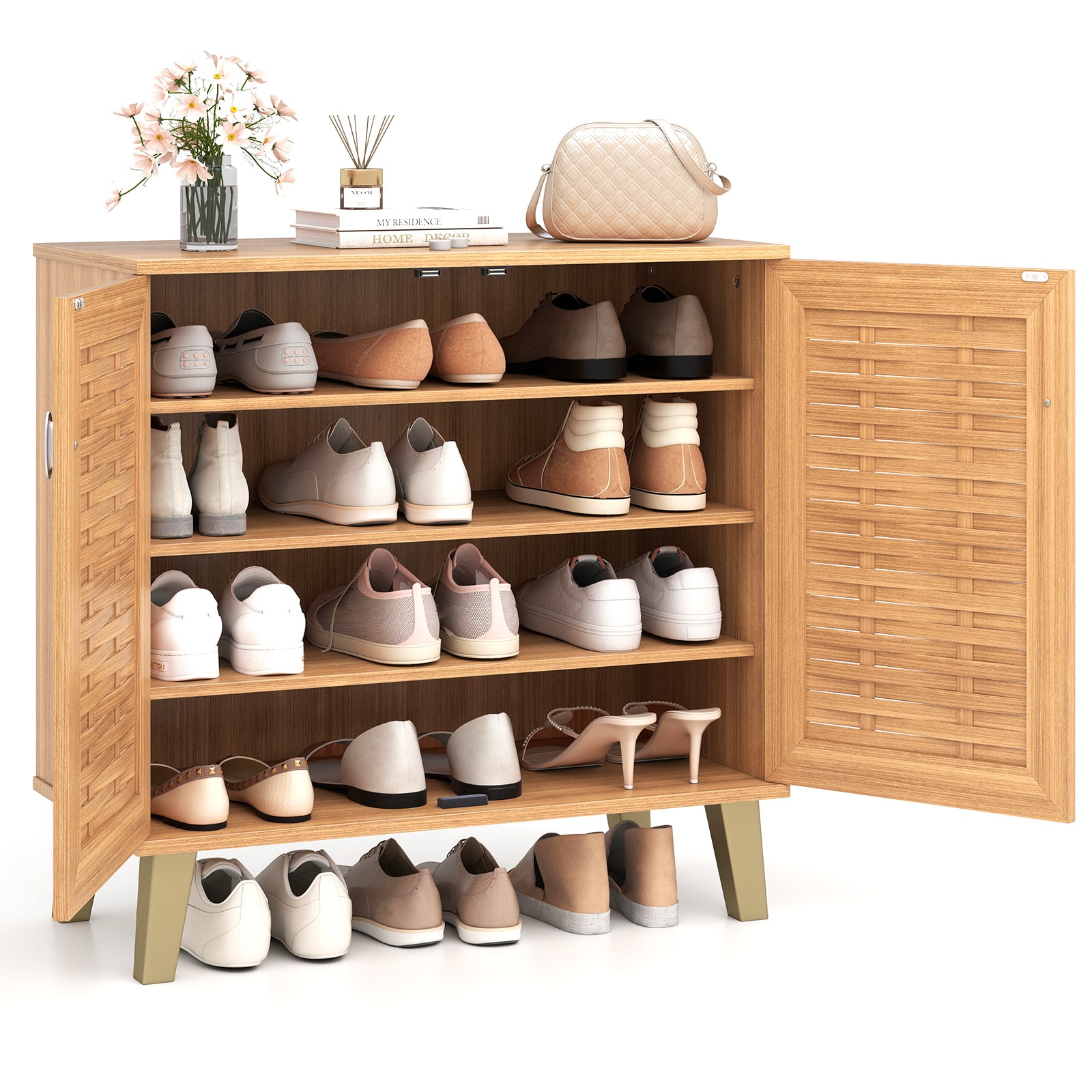 Volenca 2-Door 4-Tier Shoe Cabinet with Ventilated Woven Doors Adjustable Shelves