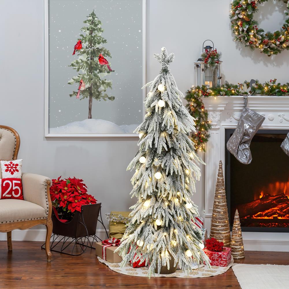 4.5-Foot White Snow-Flocked Fir Christmas Tree with Lights