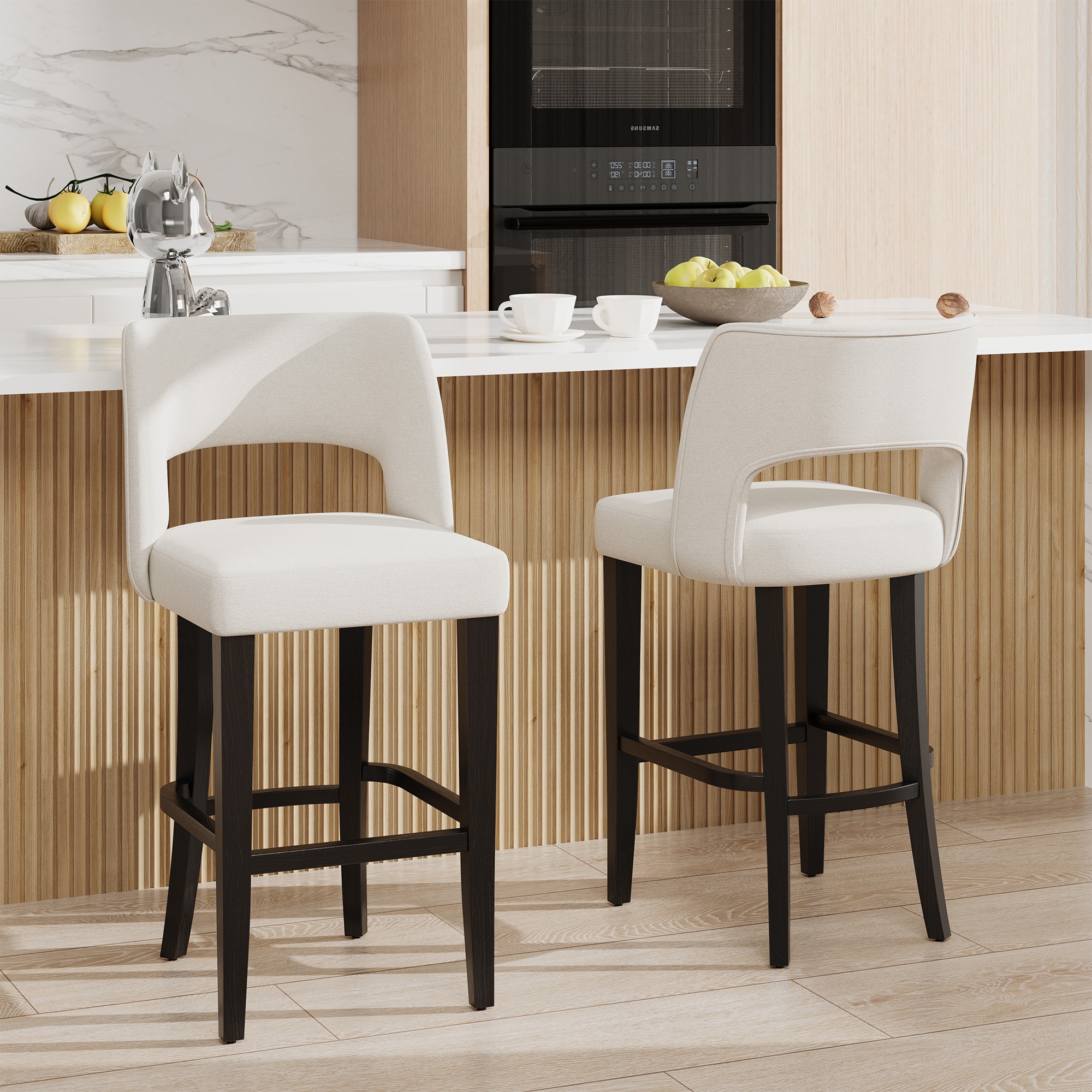 Garvee Bar Stools 2 Set 26 Inches Upholstered Bar Height Bar Stools with Wood Legs Modern Ergonomic Barstools with Backrest for Kitchen Island Dining Room Bar