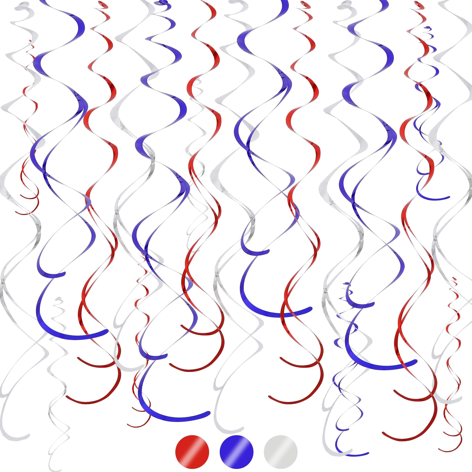 Afoxsos  Red Blue Silver Hanging Swirls Party Decorations Patriotic Streamers for Fourth of July Birthday Baseball Party Ceiling Decor 24 pcs