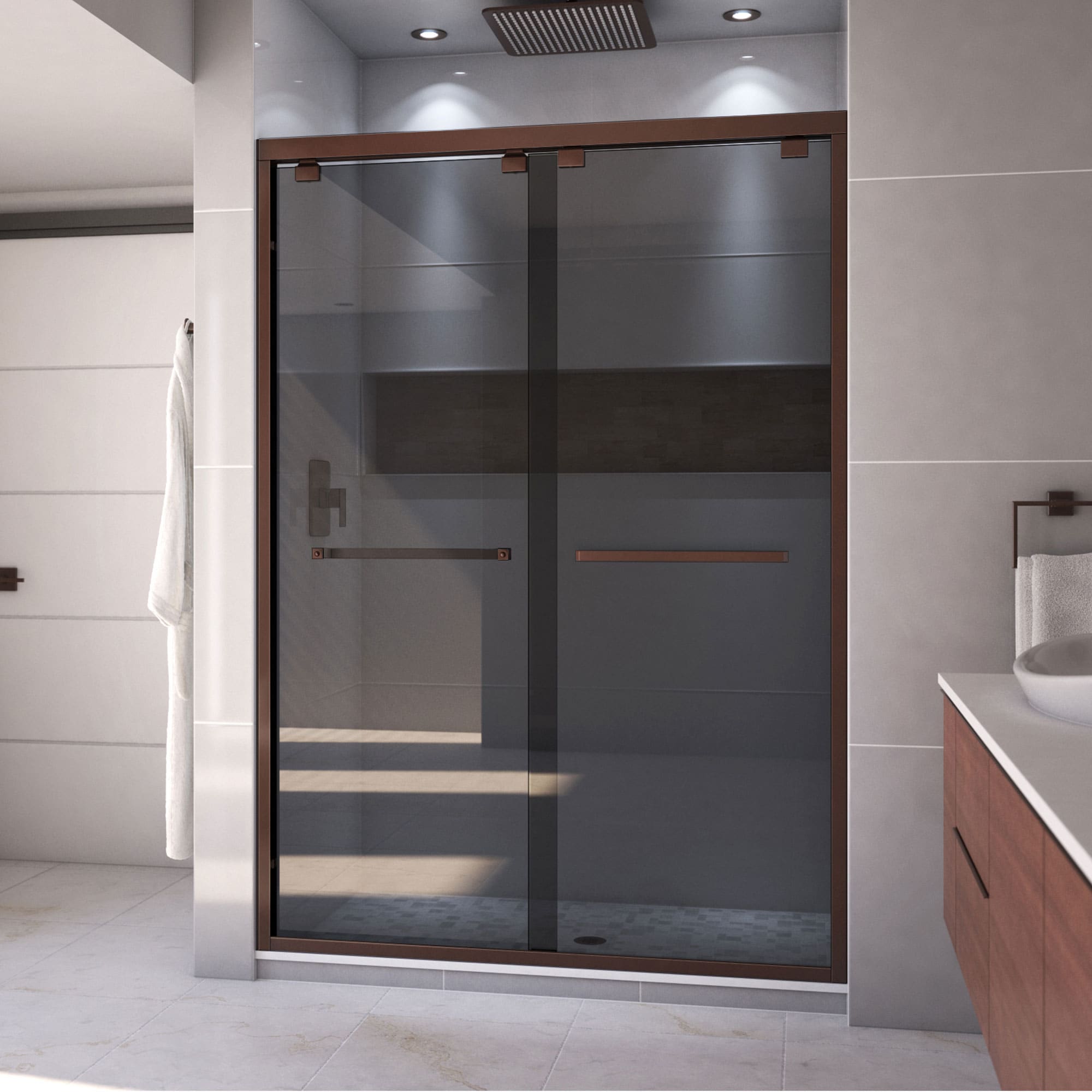 DreamLine SHDR-165476G-06 Encore Oil Rubbed Bronze 50-in to 54-in W x 76-in H Semi-frameless Bypass Sliding Shower door 5/16-in Thick Smoke gray Glass