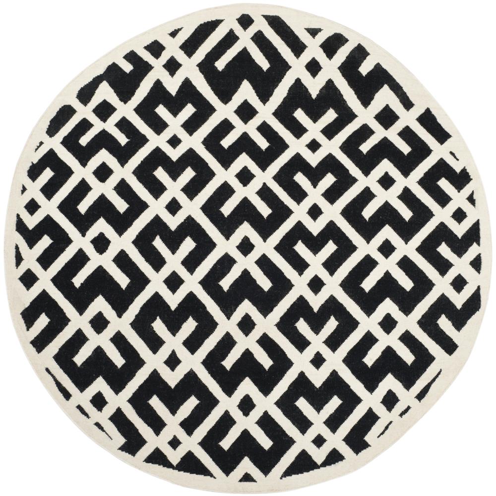 Safavieh DHU552L-8R Dhurries Cesa 8 x 8 (ft) Wool Black/Ivory Round Indoor Geometric Coastal Area rug