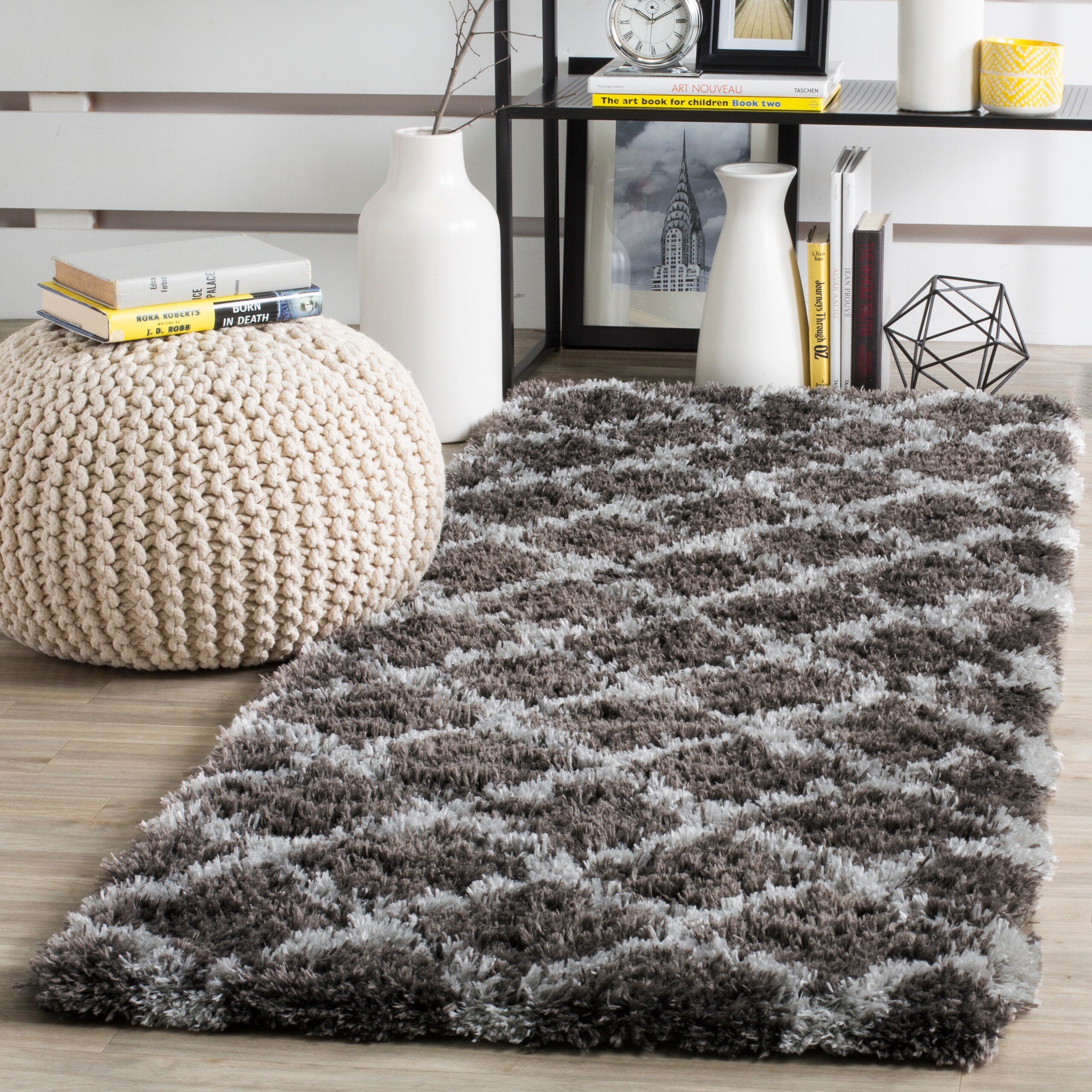 Safavieh SGI322D-27 Indie Borasic Shag 2 x 7 (ft) Loomed Synthetic Dark Gray/Gray Rectangular Indoor Trellis Runner rug