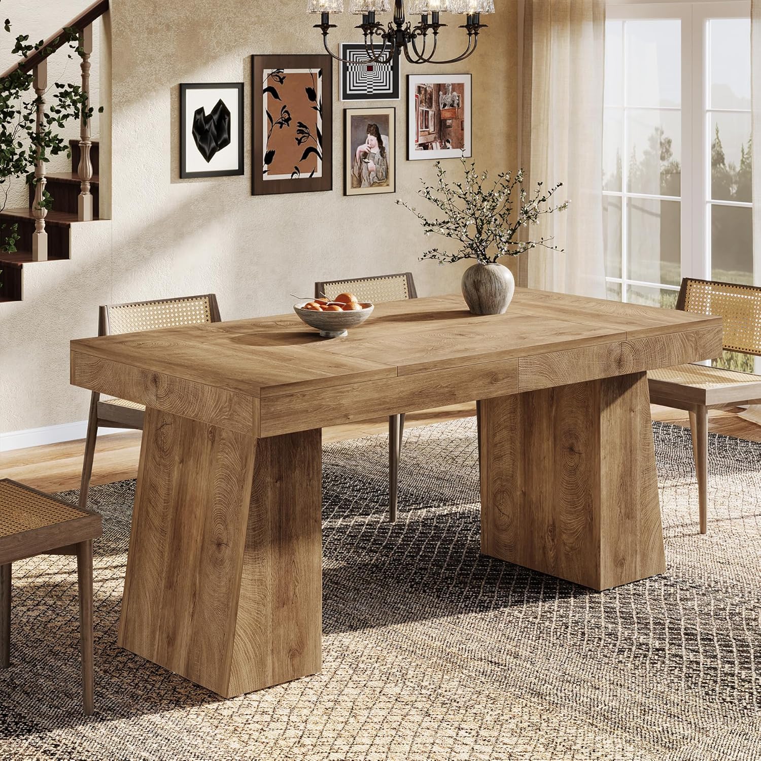 Tribesigns Light Brown Farmhouse Rectangular Dining Table 55.1 L x 29.5 H with Double Pedestal Only Table