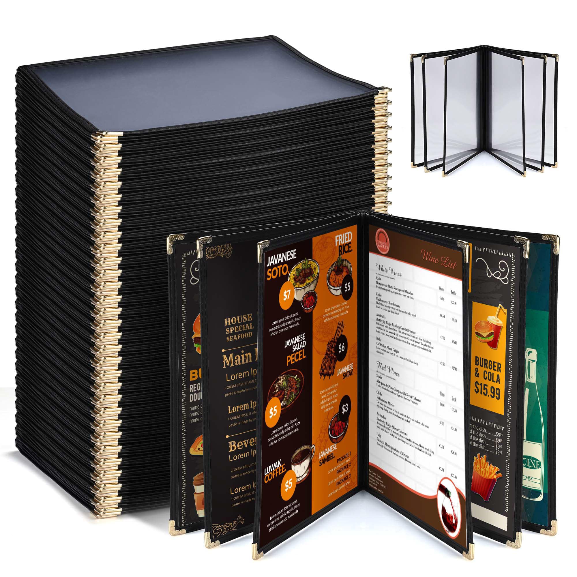Yescom 26MNC031-811B6-06-LO WeChef 30 Pack 8.5 x 11 inch Restaurant Menu Covers Book Style 6 Pages 12 Views PVC Transparent Menu Holders for Restaurant Cafe Hotel Bar Black