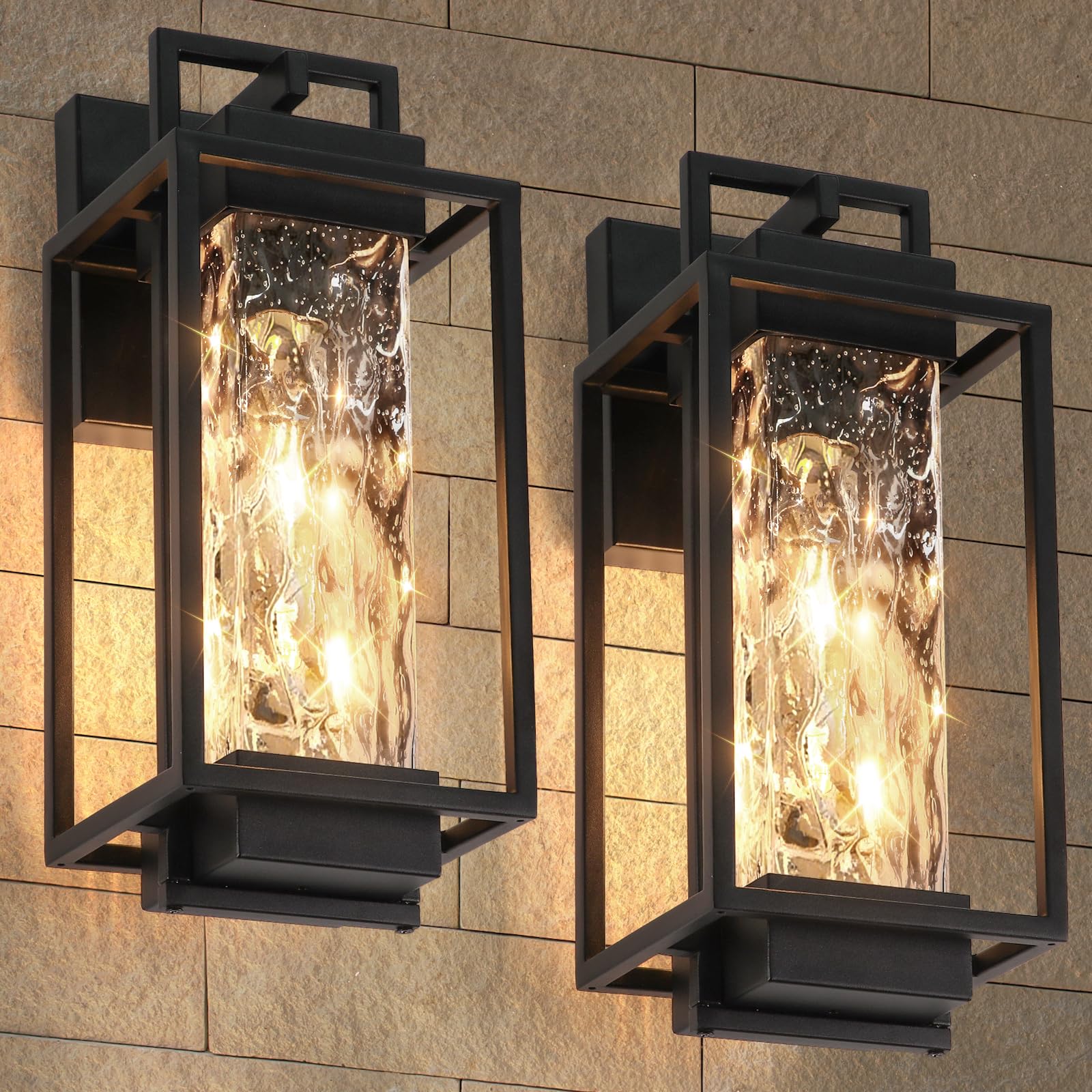 IUEST  Modern Outdoor Wall Lights with Two LED Bulbs Fifteen Inch Exterior Lighting Fixtures Wall Mount with Water Ripple Glass Black Porch Lights