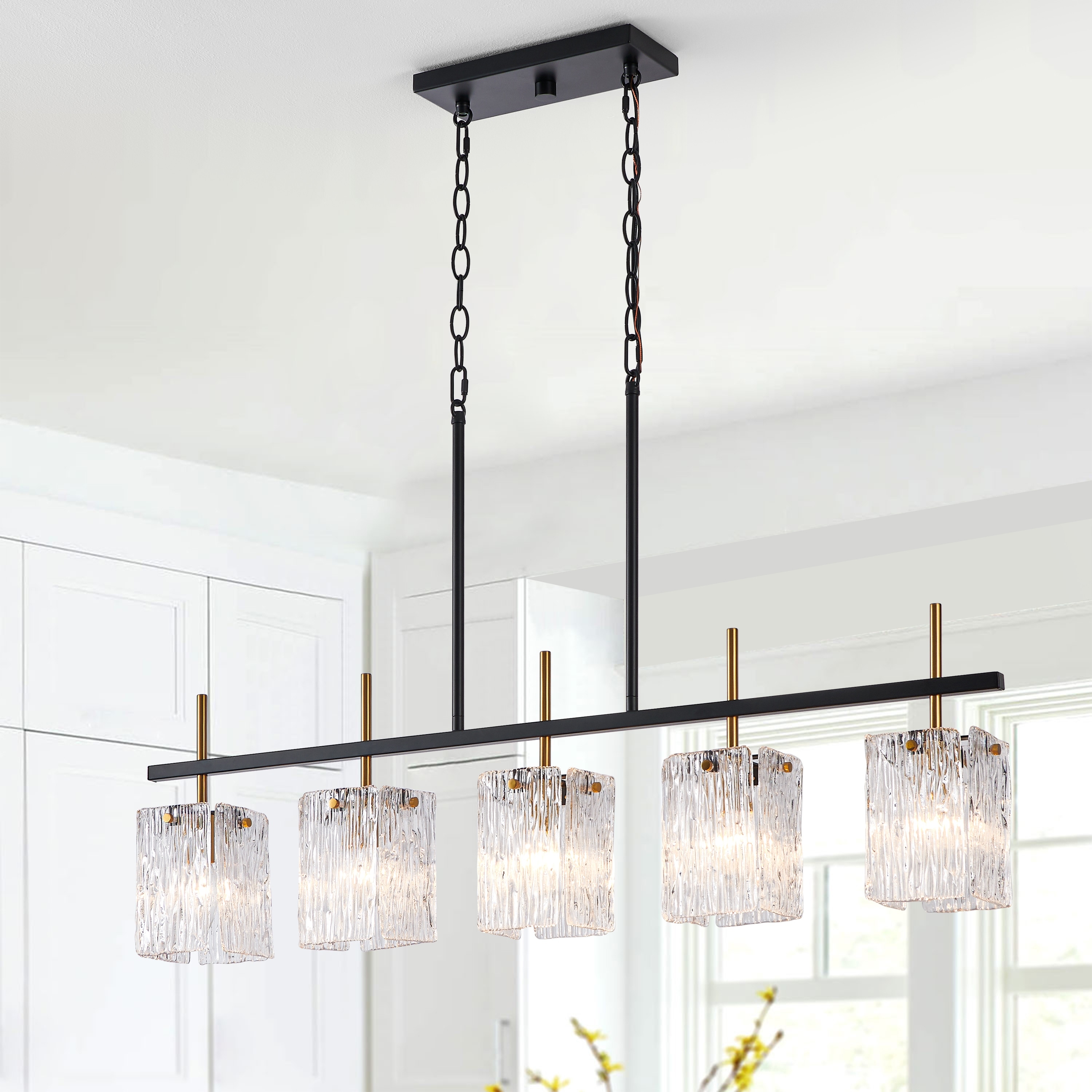 KAWOTI 21481 Quinn 5 -Light Black and Brass Modern/contemporary Textured glass Linear Large Hanging Kitchen island light