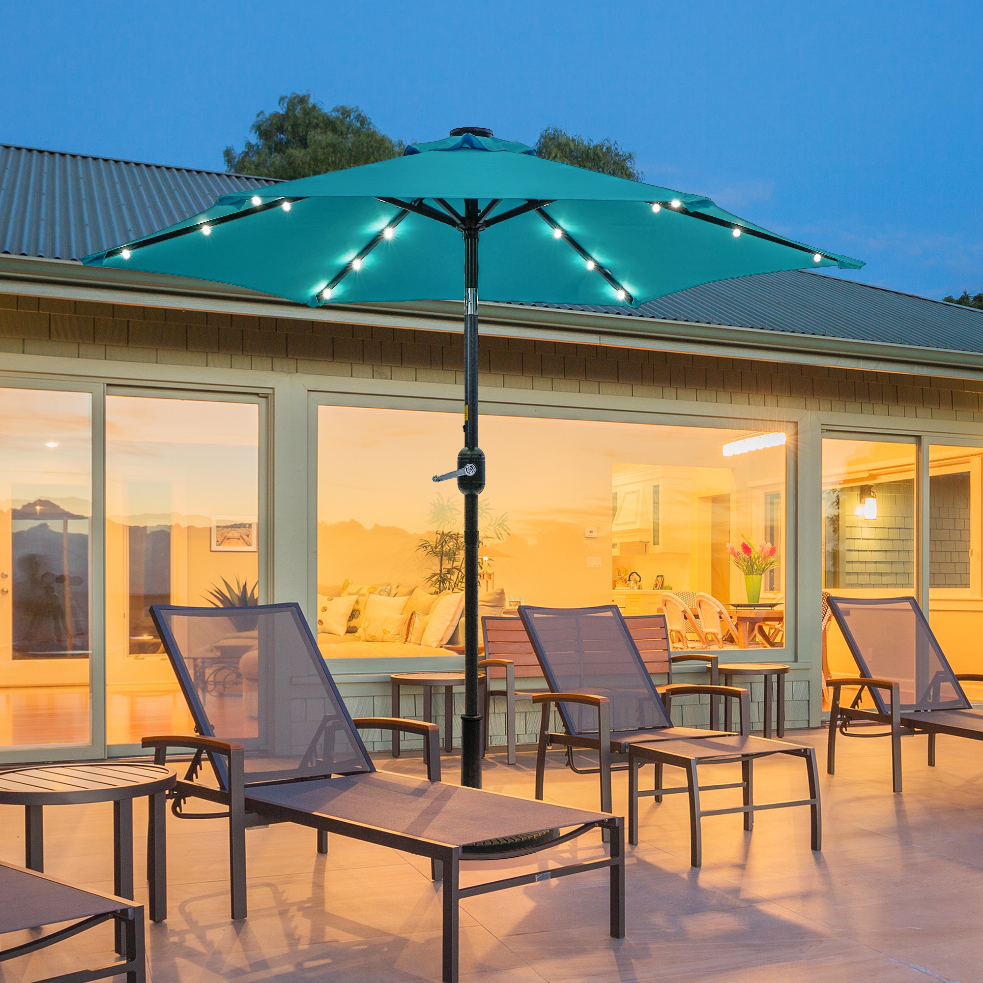 Sonkuki SD-LED90LB 7.5-Feet Steel Blue Push-button Tilt Market Patio Umbrella with Lights and