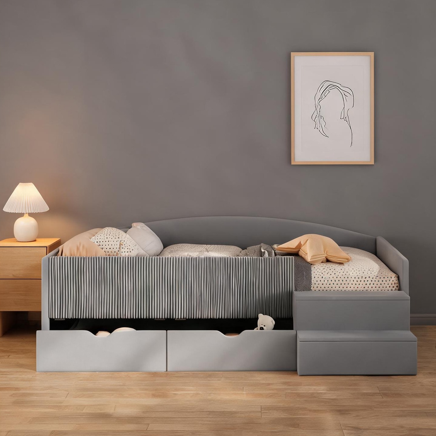 Naturefalls Velvet Upholstered Twin Daybed Frame with Storage Drawers Soft Gray Modern Bedroom
