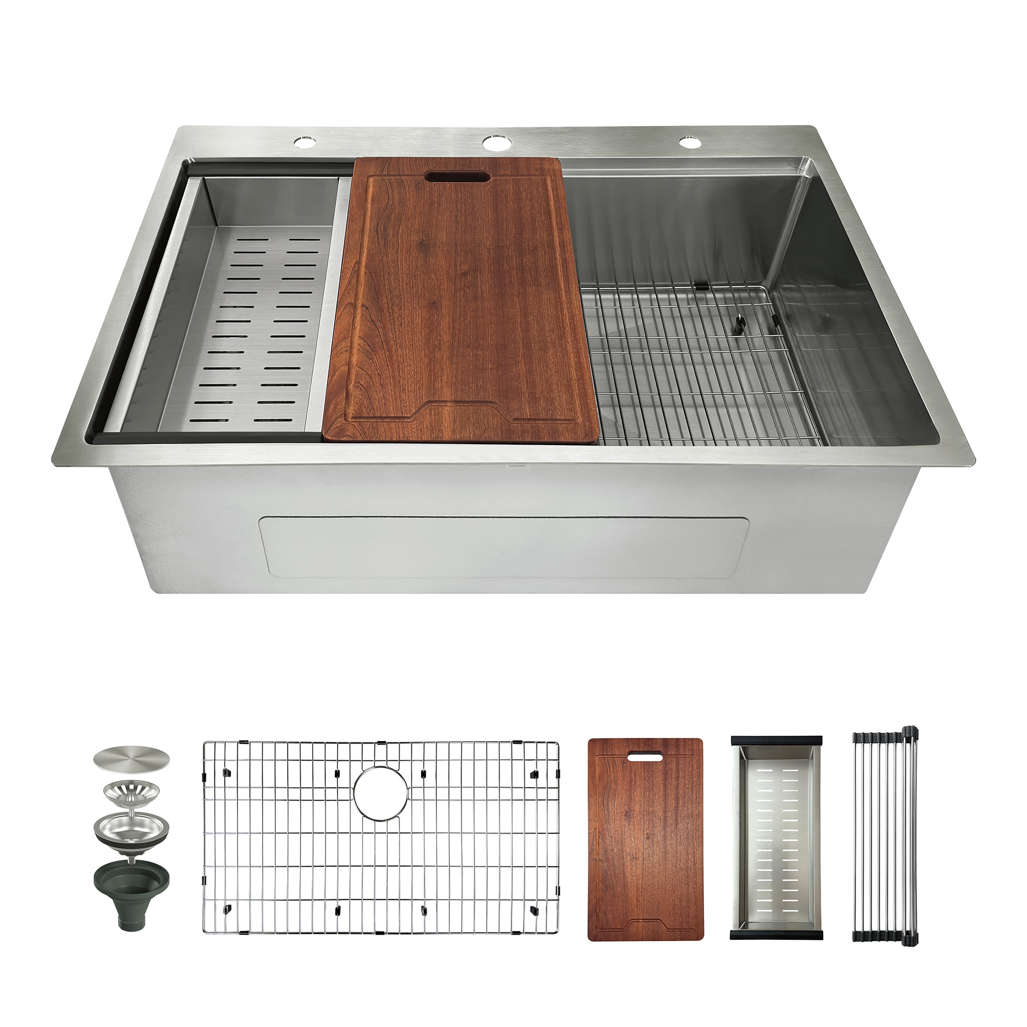 DELUXE LIVING H7645B-A Ironvex Drop-in 33-in x 22-in Stainless steel Single bowl 16 -Gauge Workstation Kitchen Sink with Drainboard