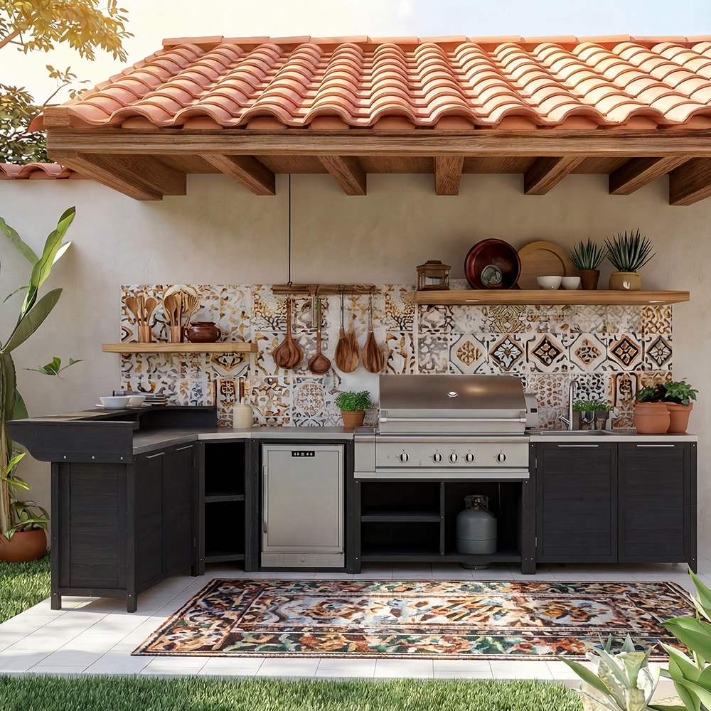 Famapy - Modular Outdoor Cedar Wood Kitchen Island Set with Sink Storage Cabinet Corner Cabinet ...