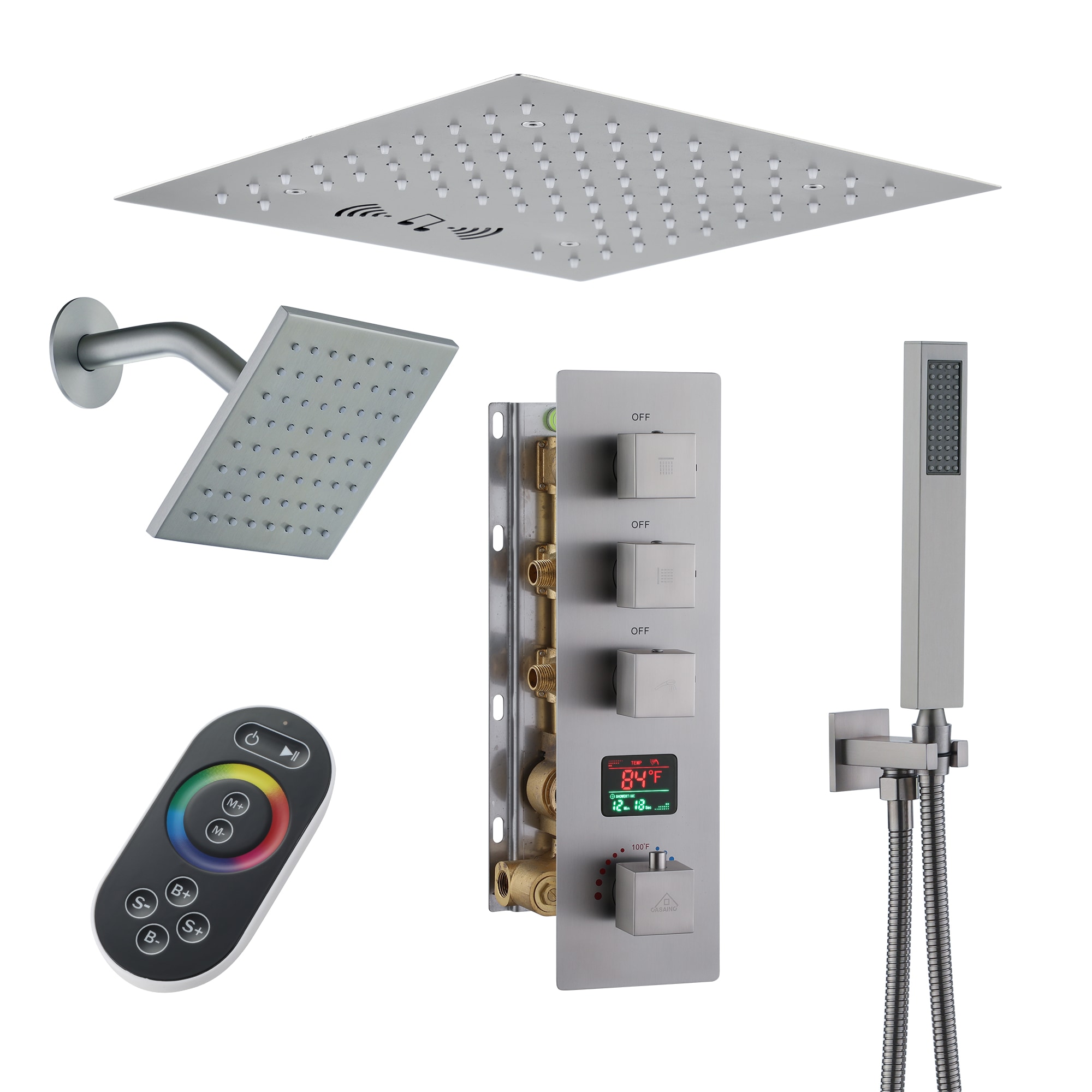CASAINC KCHS0018-LEDBN Brushed Nickel 12-in Dual Head Built-In Shower Faucet System with 3-way Diverter ( Thermostatic Valve Included )