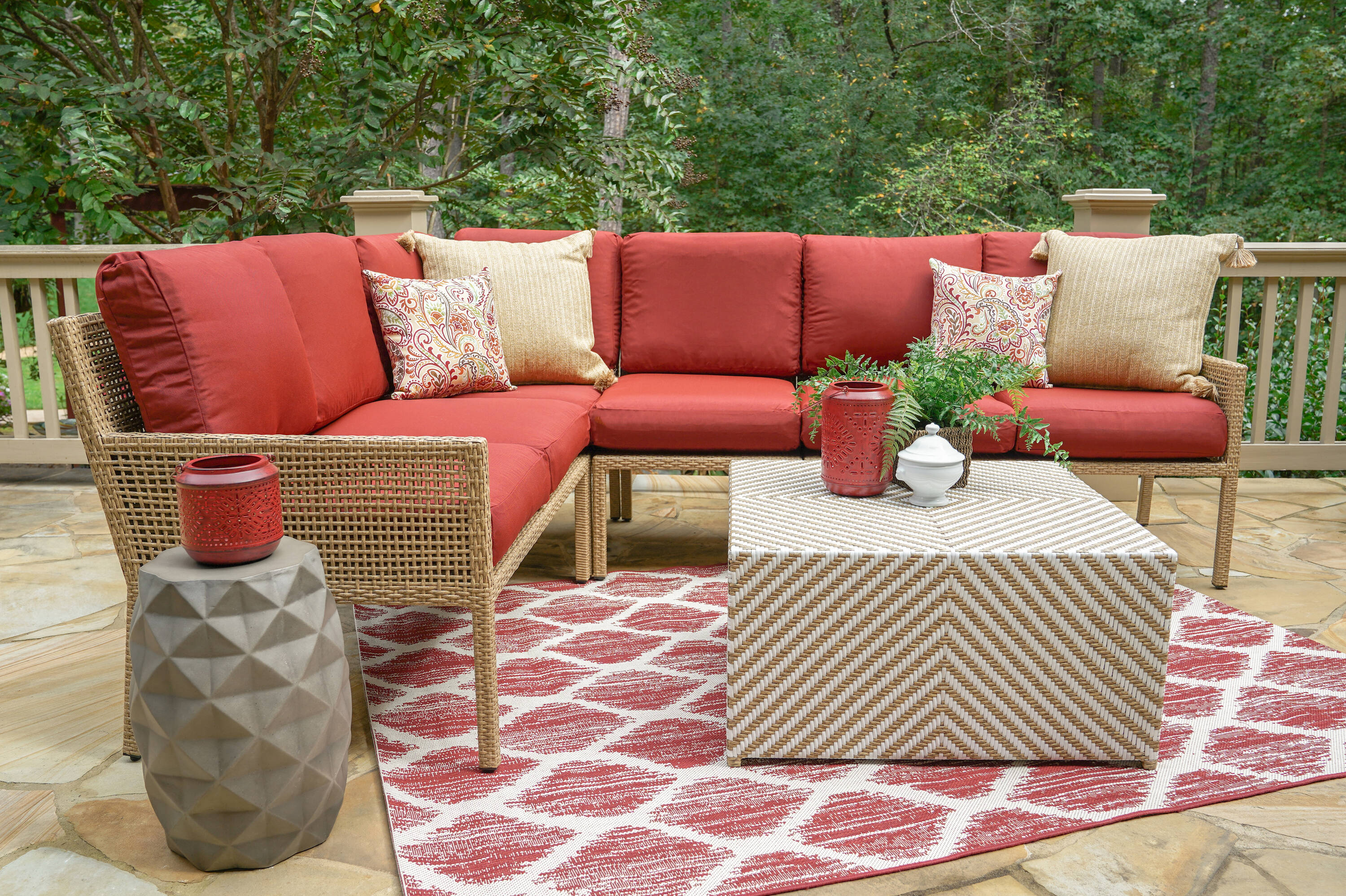 Leisure Made 139475-RED Riviera Wicker Outdoor Sectional with Red Cushions and Steel Frame