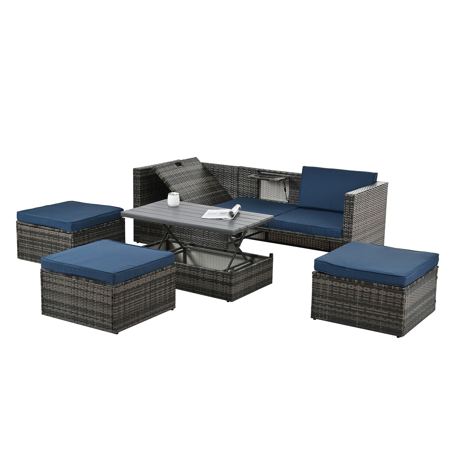SINOFURN SYB840022BK 5 -Piece Wicker Patio Sofa Conversation Set with Blue Cushions