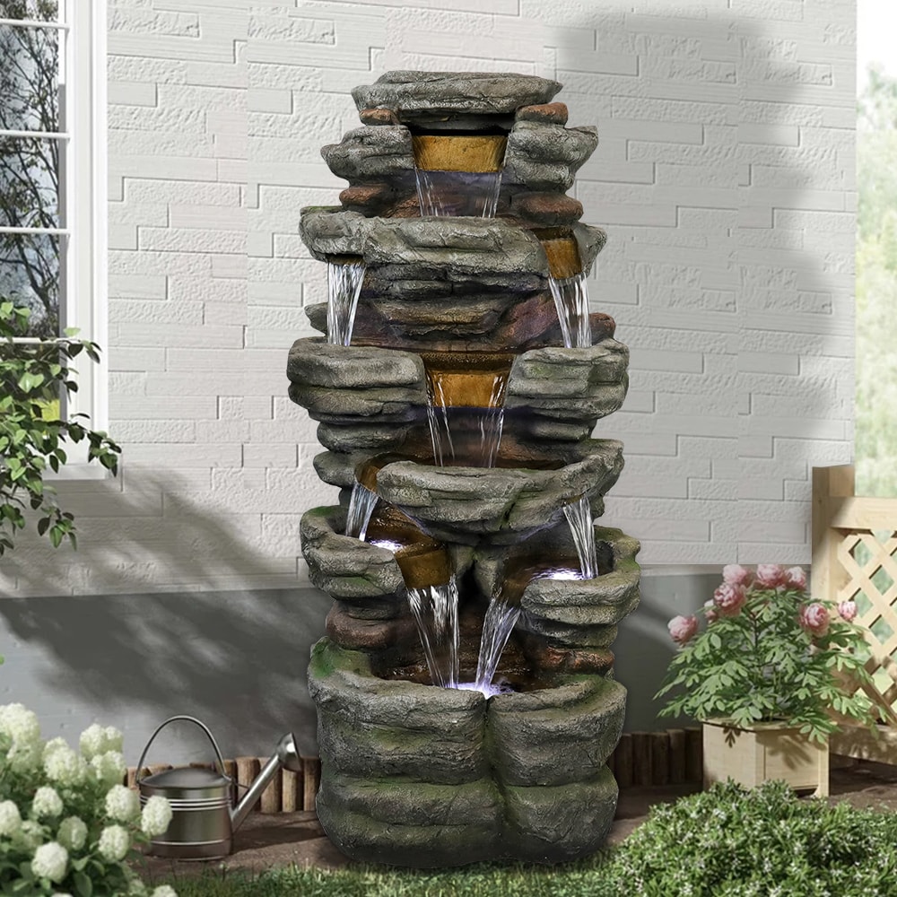 Watnature 47.2-in H Resin Rock Outdoor Fountain Pump Included in the ...