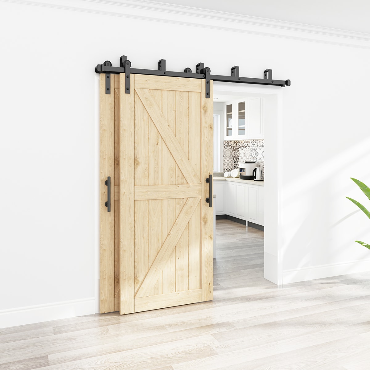 WINSOON 96-in Matte Black Indoor I-strap Double Bypass Barn Door ...