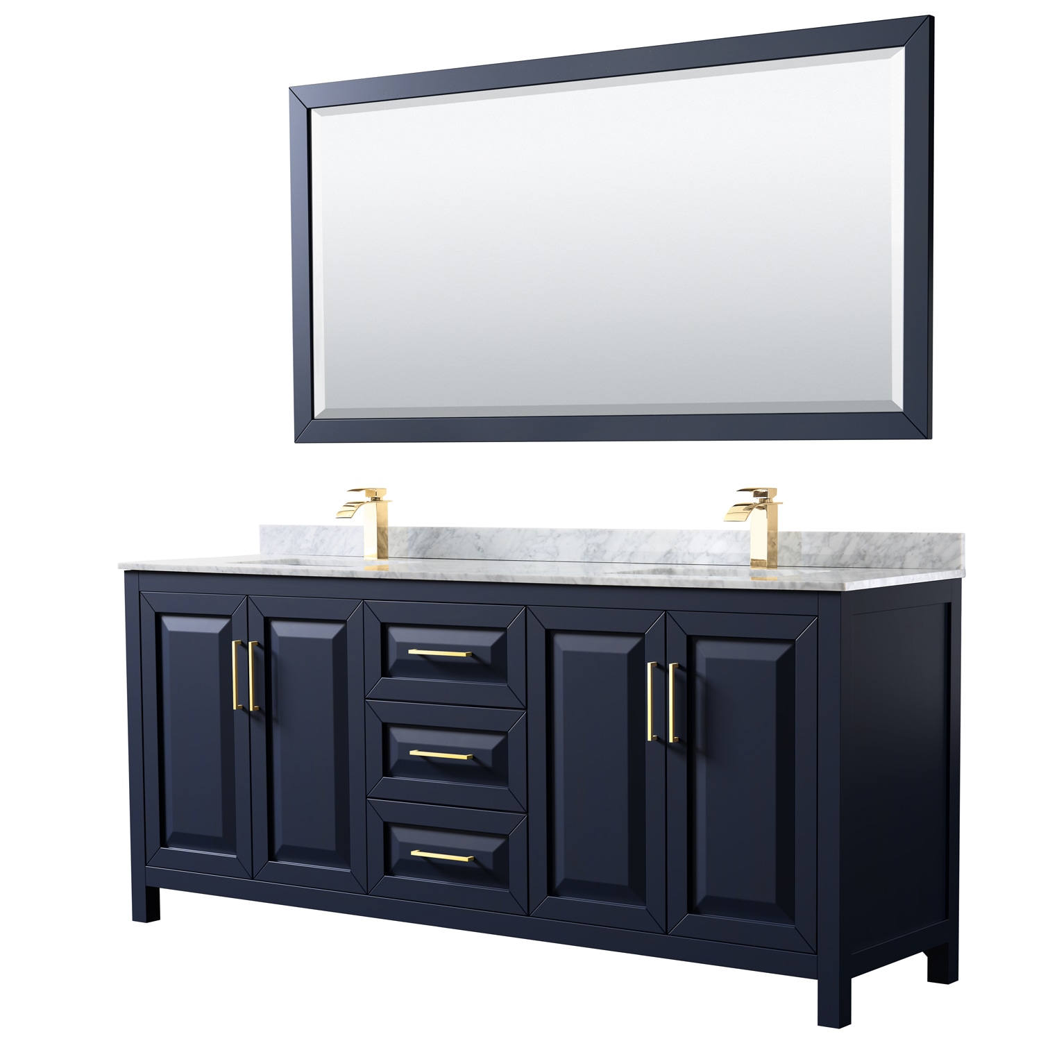 Wyndham Collection WCV252580DBLCMUNSM70 Daria 80-in Dark Blue with Brushed Gold Trim Undermount Double Sink Bathroom Vanity with White Carrara Marble Marble Top (Mirror Included)