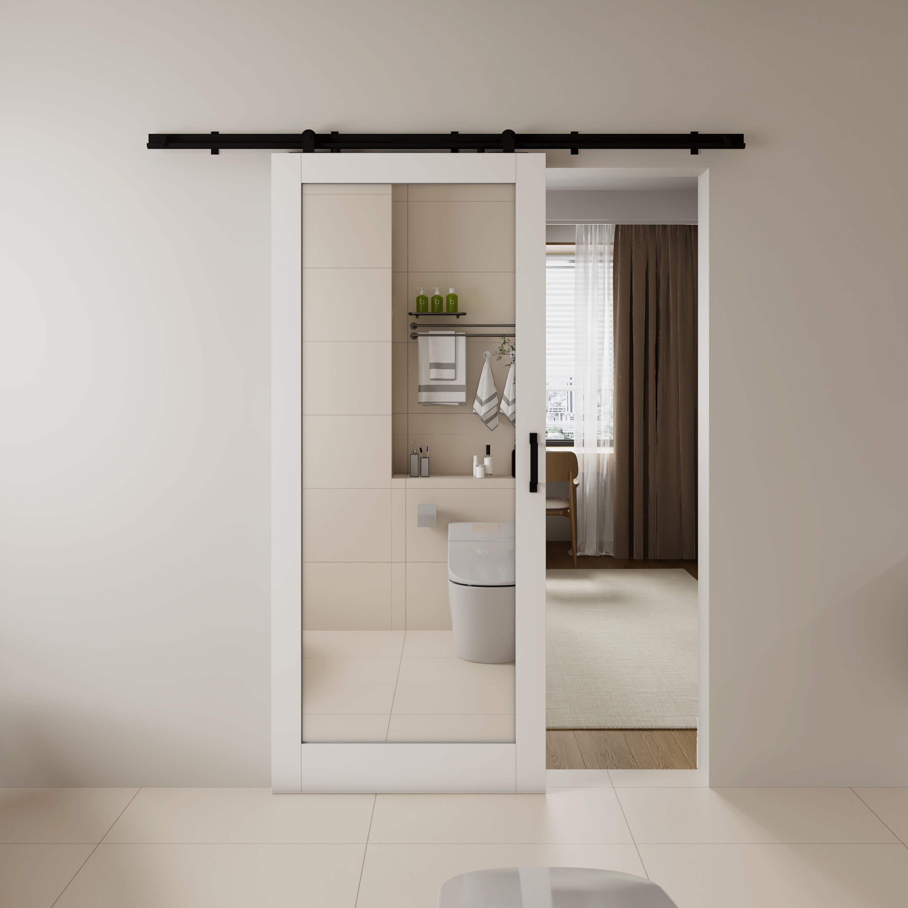 RELIABILT 36-in x 84-in White Mirrored glass MDF Solid core Single Barn Door (Hardware Included)