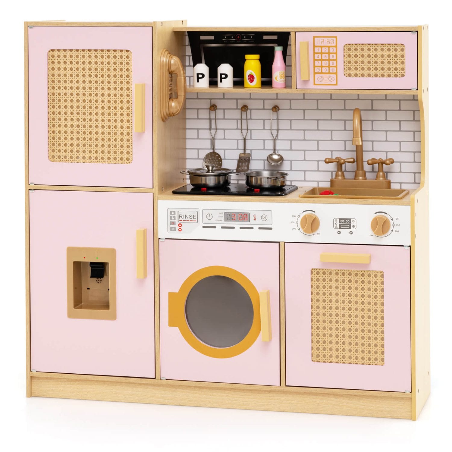 Costway - Wooden Kids Kitchen Playset Pretend Play Kitchen with Real Sounds Lights Pink