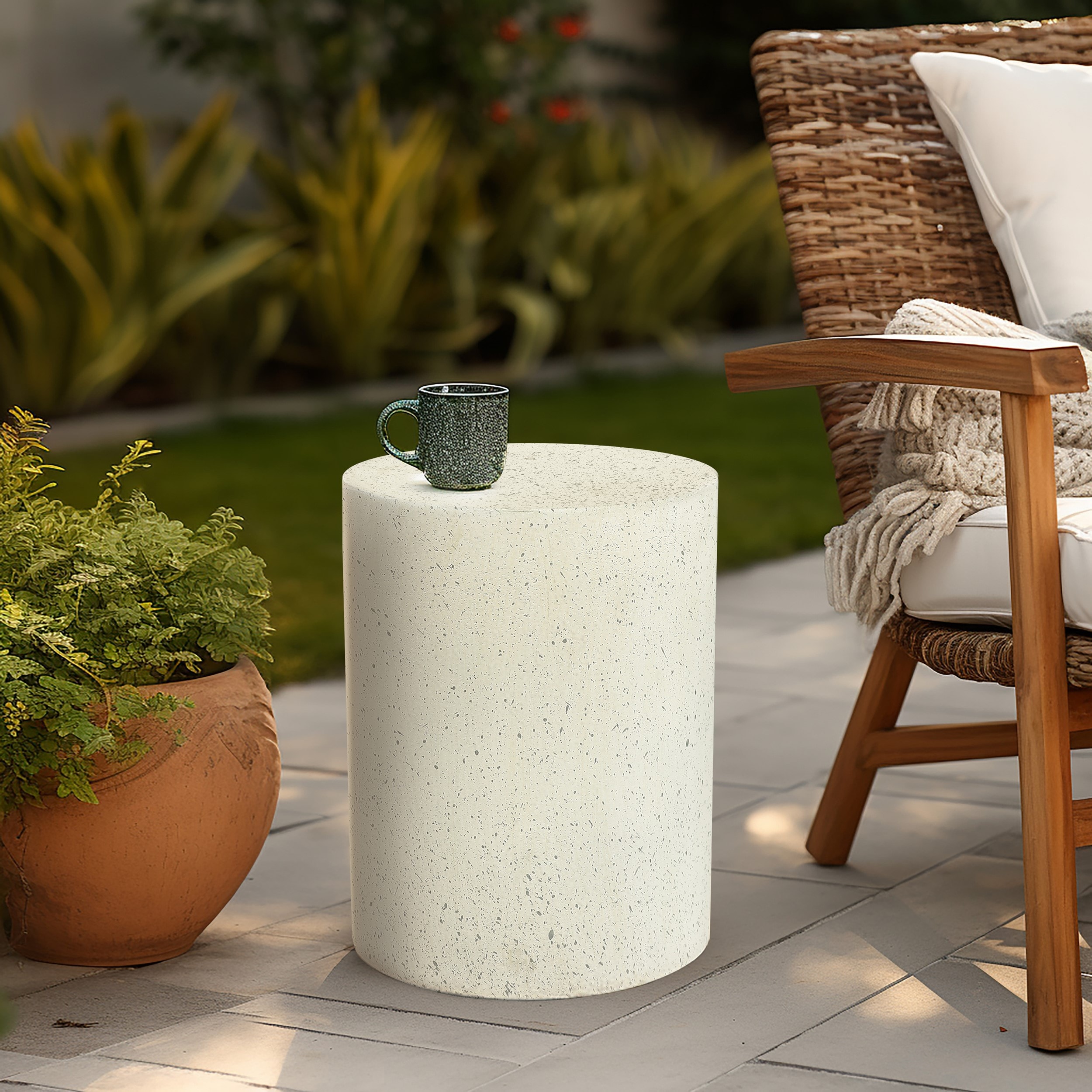 Off-White and Gray Speckled Cement Round Patio Side Table