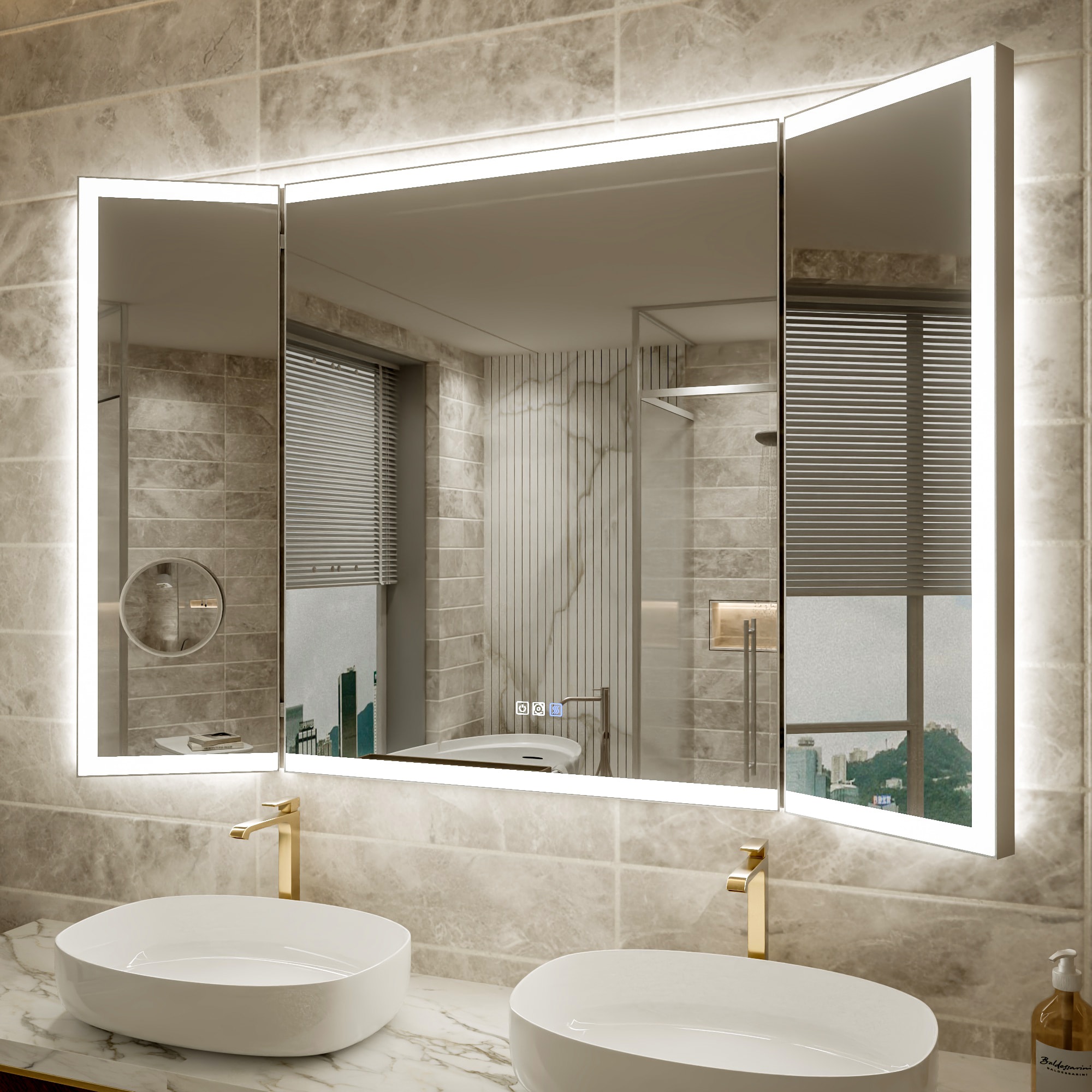 Iseryn - 54-in x 36-in Framed Rectangle Dimmable LED Lighted Fog Free Bathroom Vanity Mirror ( Si...