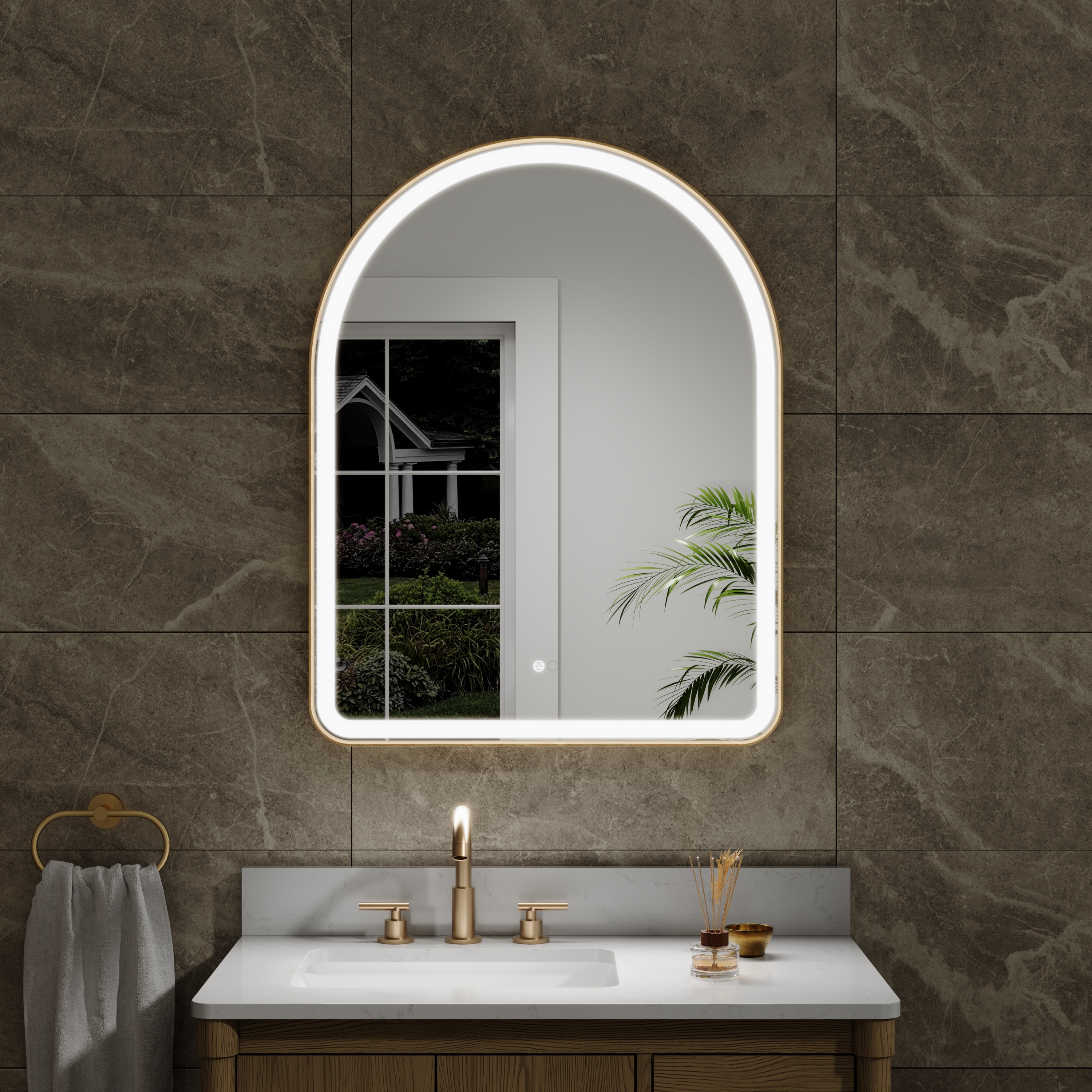 WELLFOR GIZQCS35P09 BONIE 28-in x 36-in Framed Arch Dimmable LED Lighted Fog Free Bathroom Vanity Mirror ( Brushed Gold )