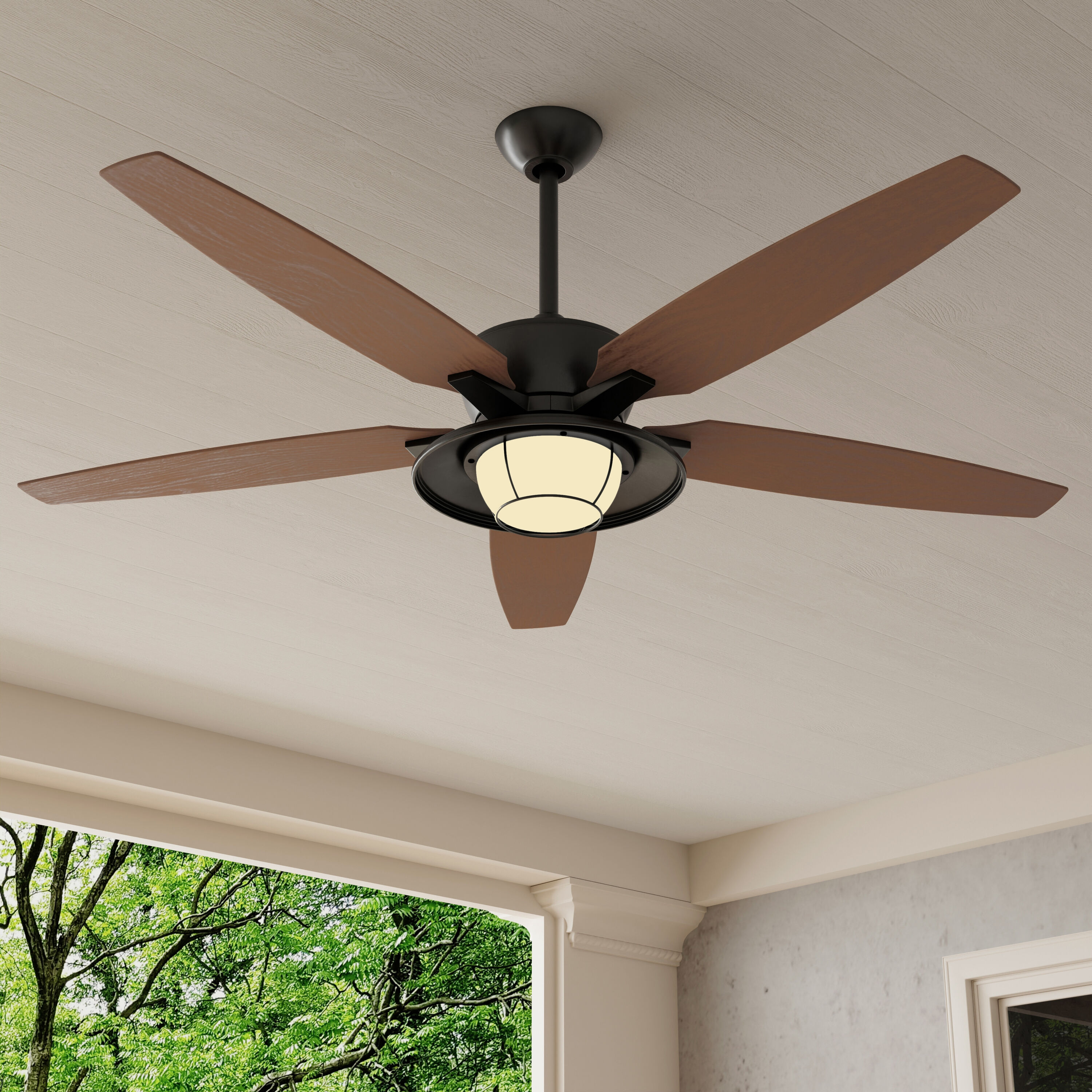 Progress Lighting P2564-8030K Montague 60-in Integrated LED Outdoor Forged Black with Toasted Oak Blades Ceiling Fan With Light - Remote Included ( 5 -Blade )