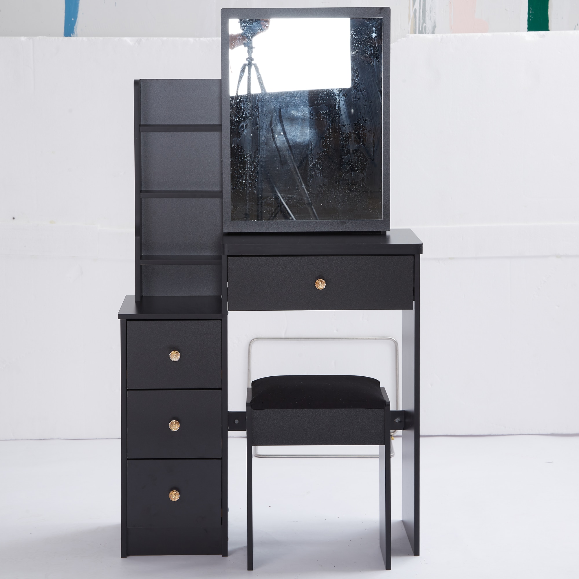 Homy Casa MAVAS-S2-BO MAVAS 50.4 in H Black Onyx Rectangular Makeup Vanity Stool with Adjustable LED Mirror and Storage