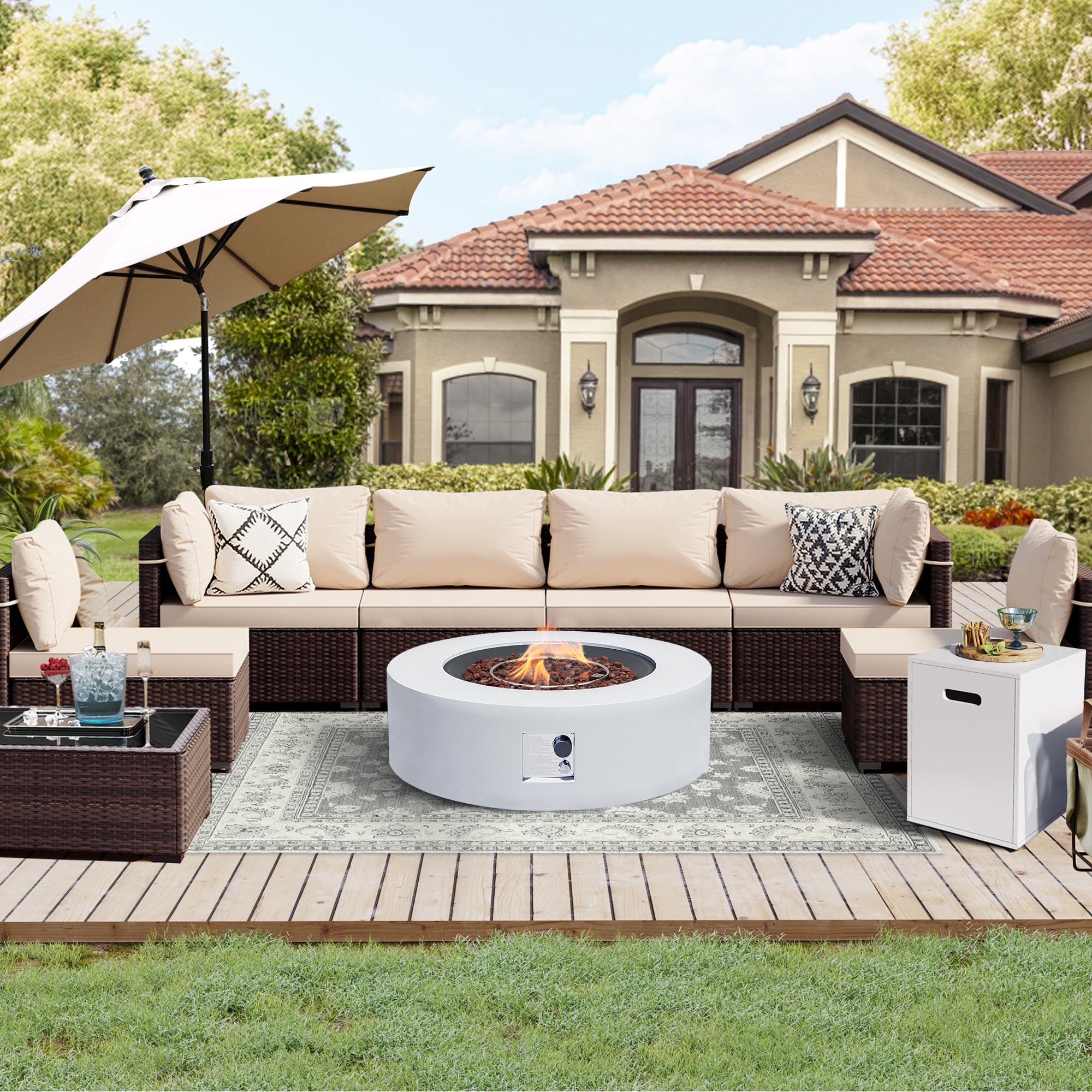 UPHA PL-2CZ-42TPWH-Z1 Brown Wicker Patio Furniture Set 9 -Piece Wicker 4 Patio Sofa Conversation Set with Beige Cushions