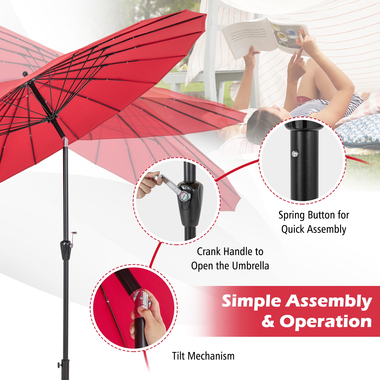 9-Foot Red Polyester and Aluminum Patio Umbrella