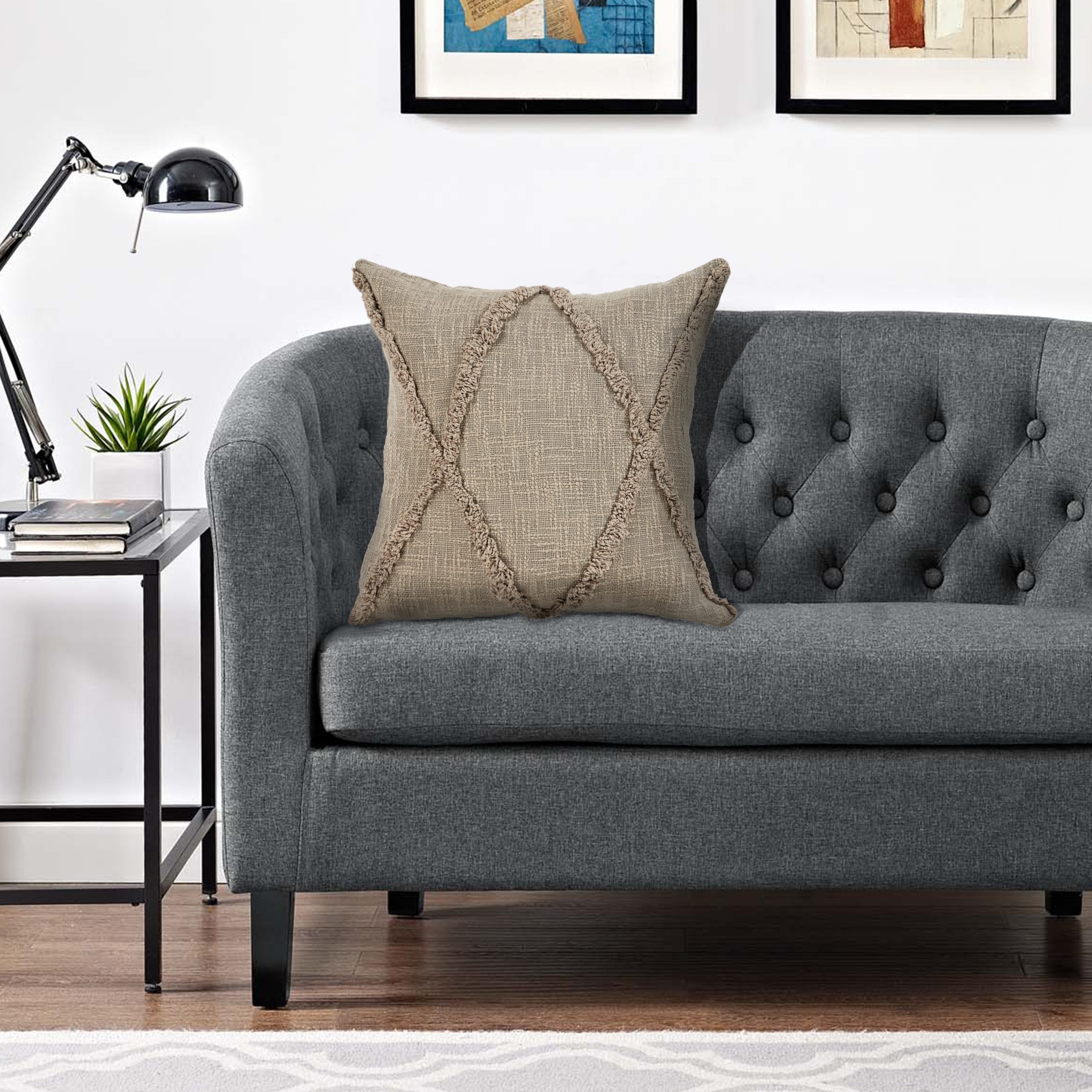 Taupe Hand Woven Diamond Tufted 20" Square Throw Pillow