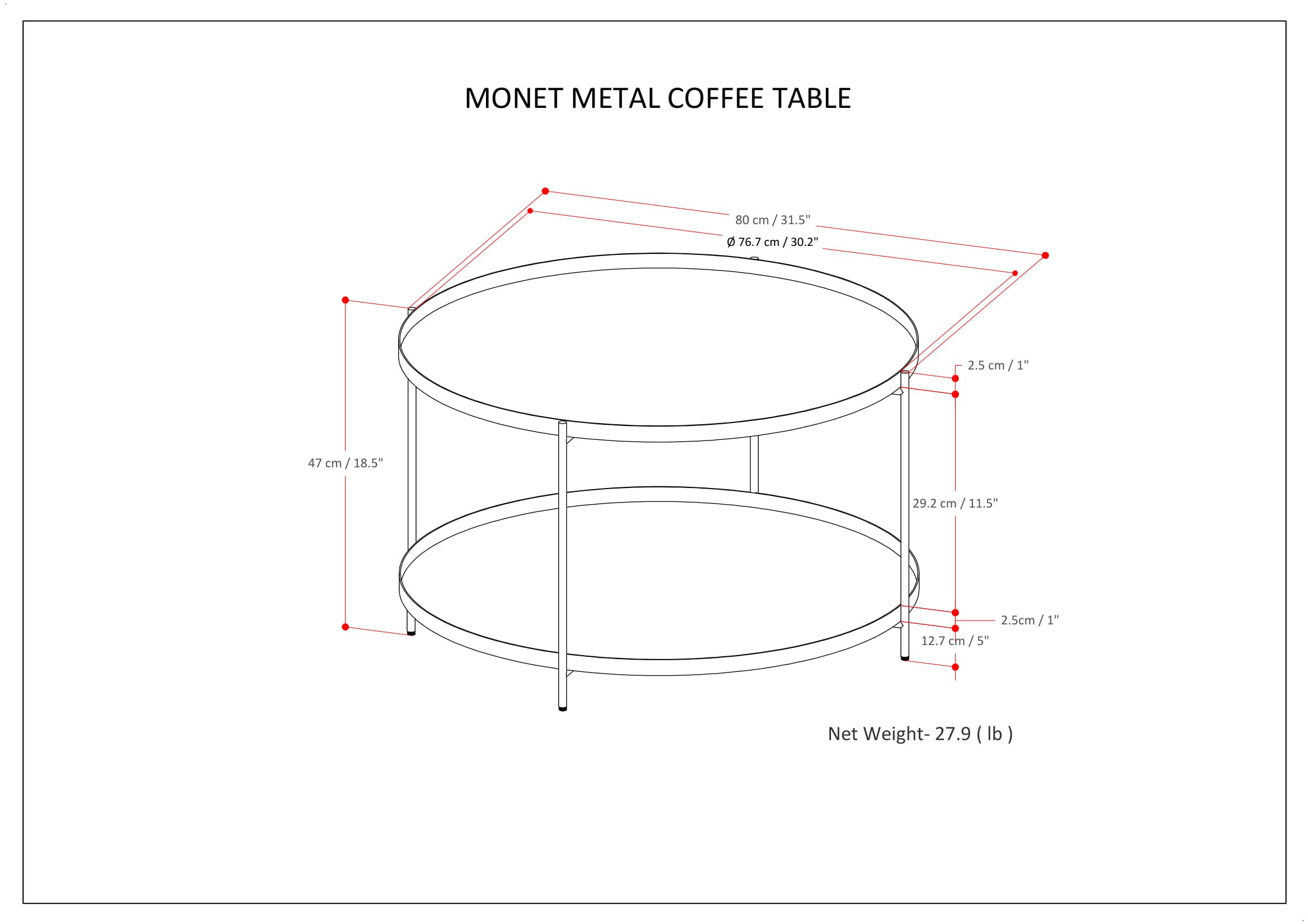 Monet 32" Round Black Metal Coffee Table with Storage