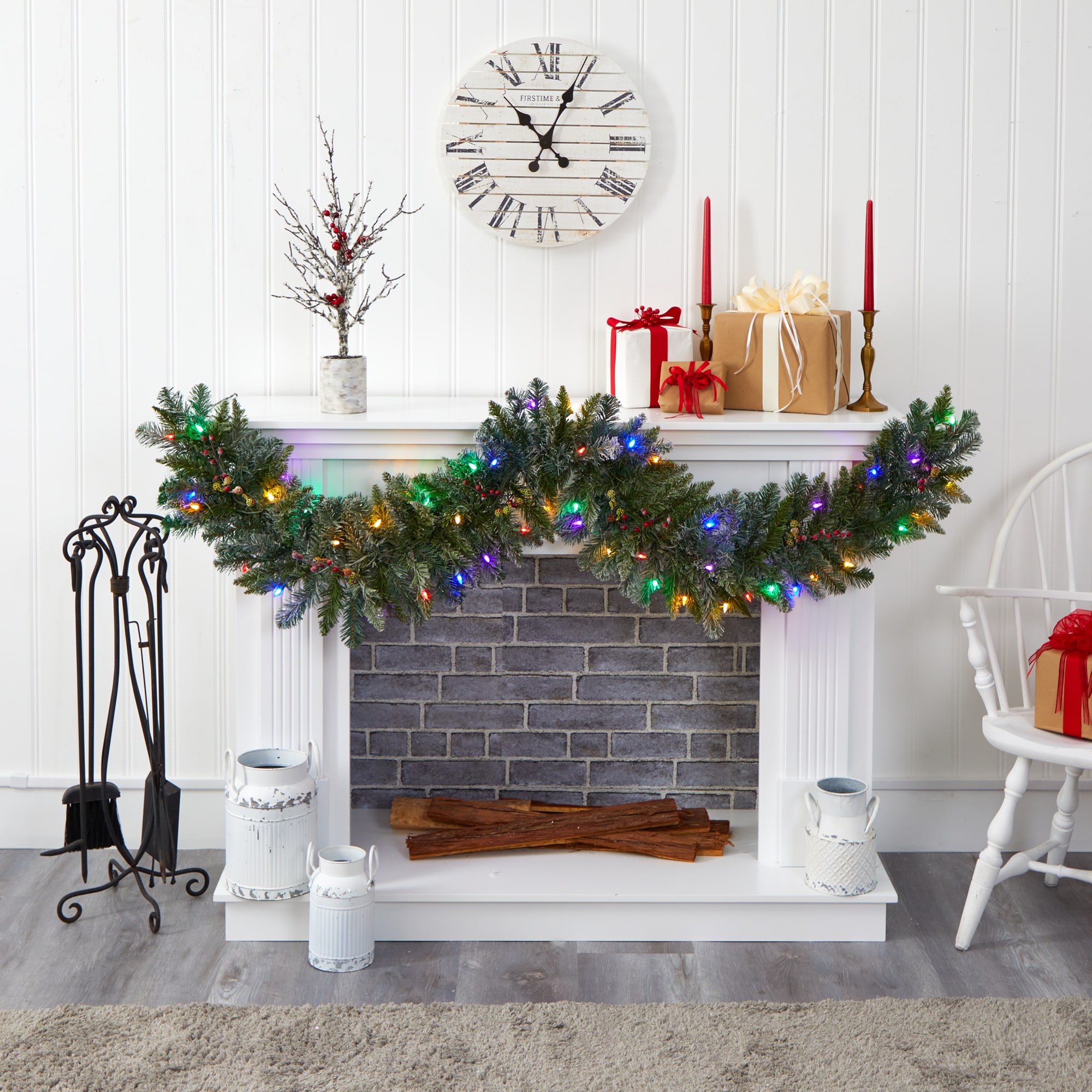 6' Flocked Pine Garland with Multicolor LED Lights