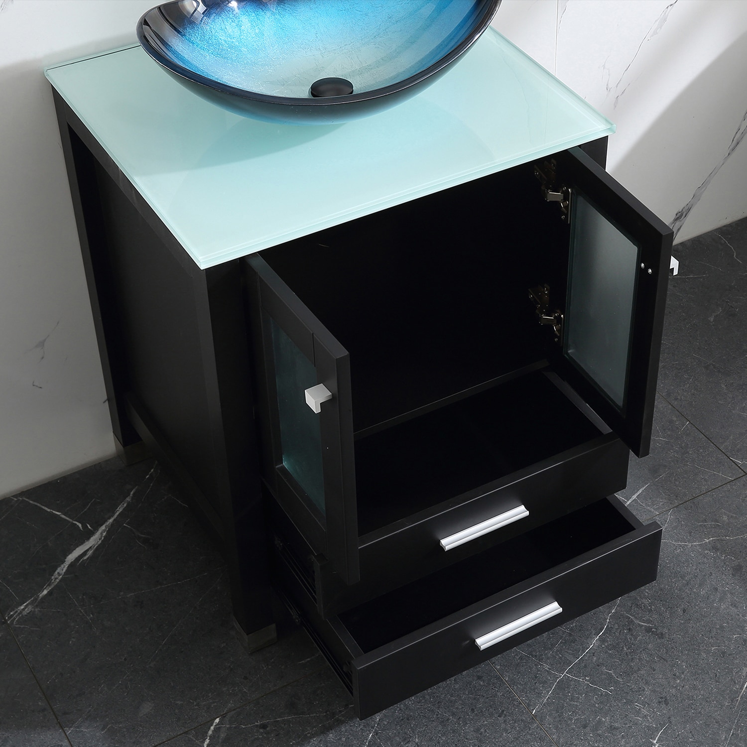 Wonline 24 In Black Single Sink Bathroom Vanity With Blue Wood Top
