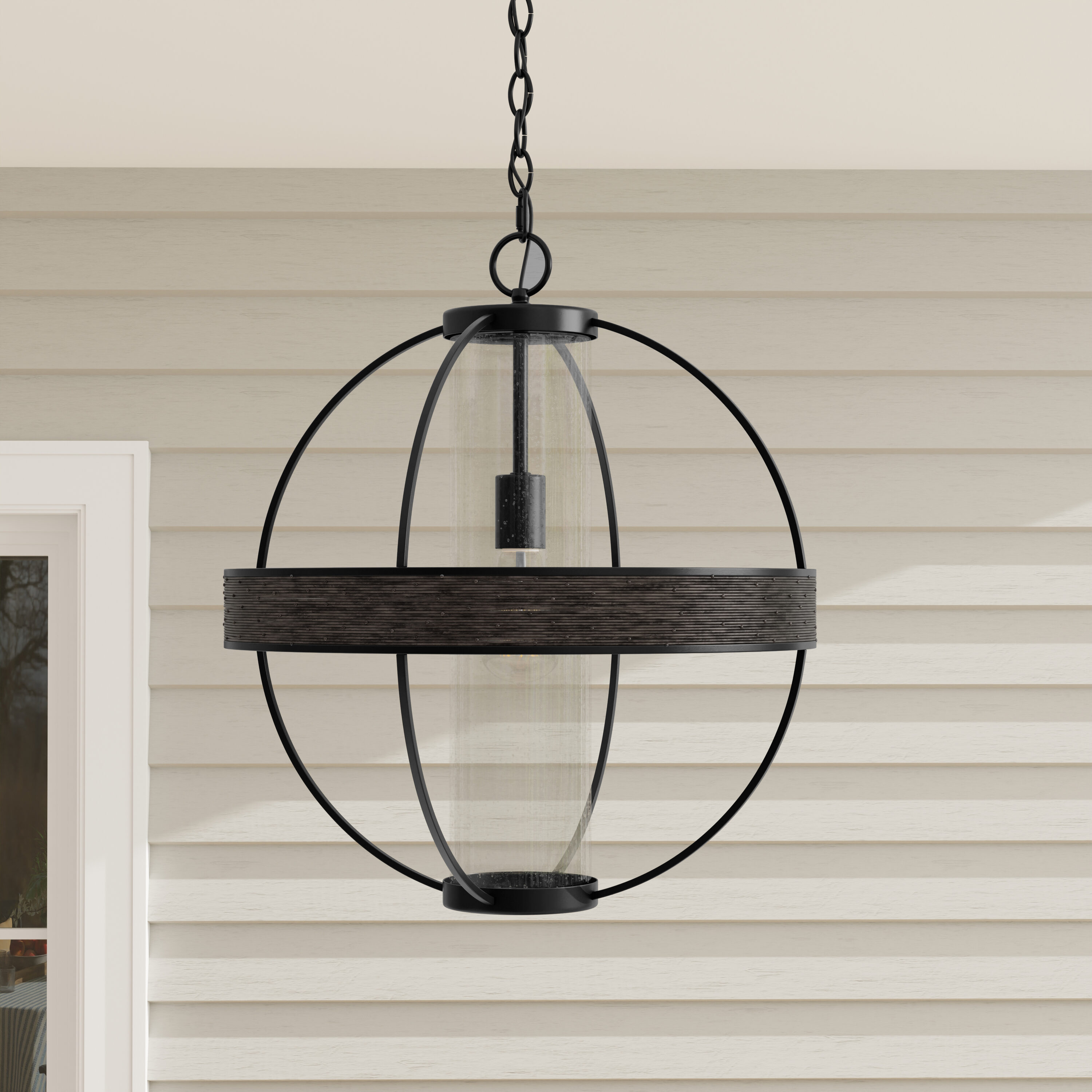 Matte Black Seeded Glass Outdoor Hanging Light