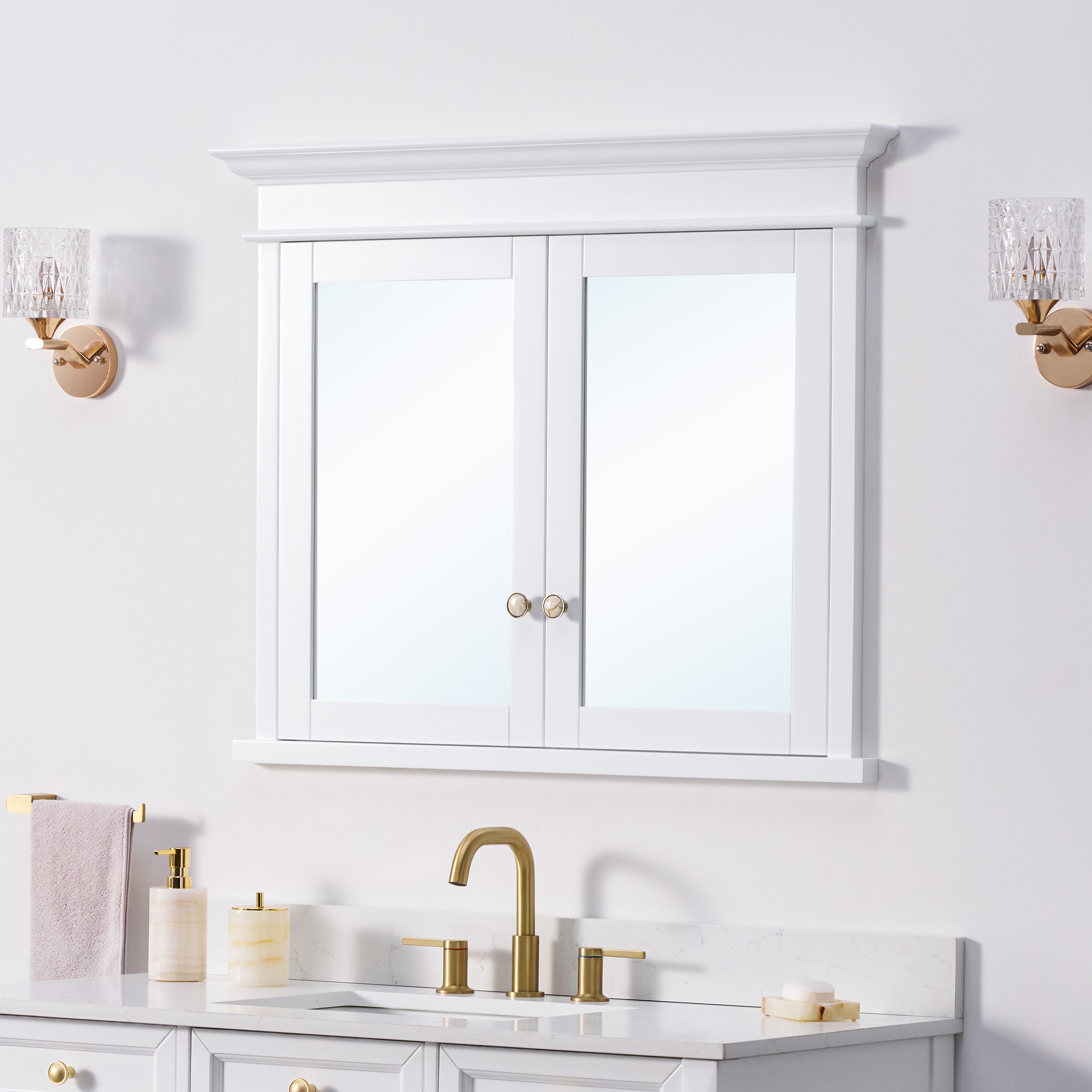 WELLFOR GRACE Solid Wood 40-in x 32-in Recessed Mount White Mirrored Soft Close Medicine Cabinet
