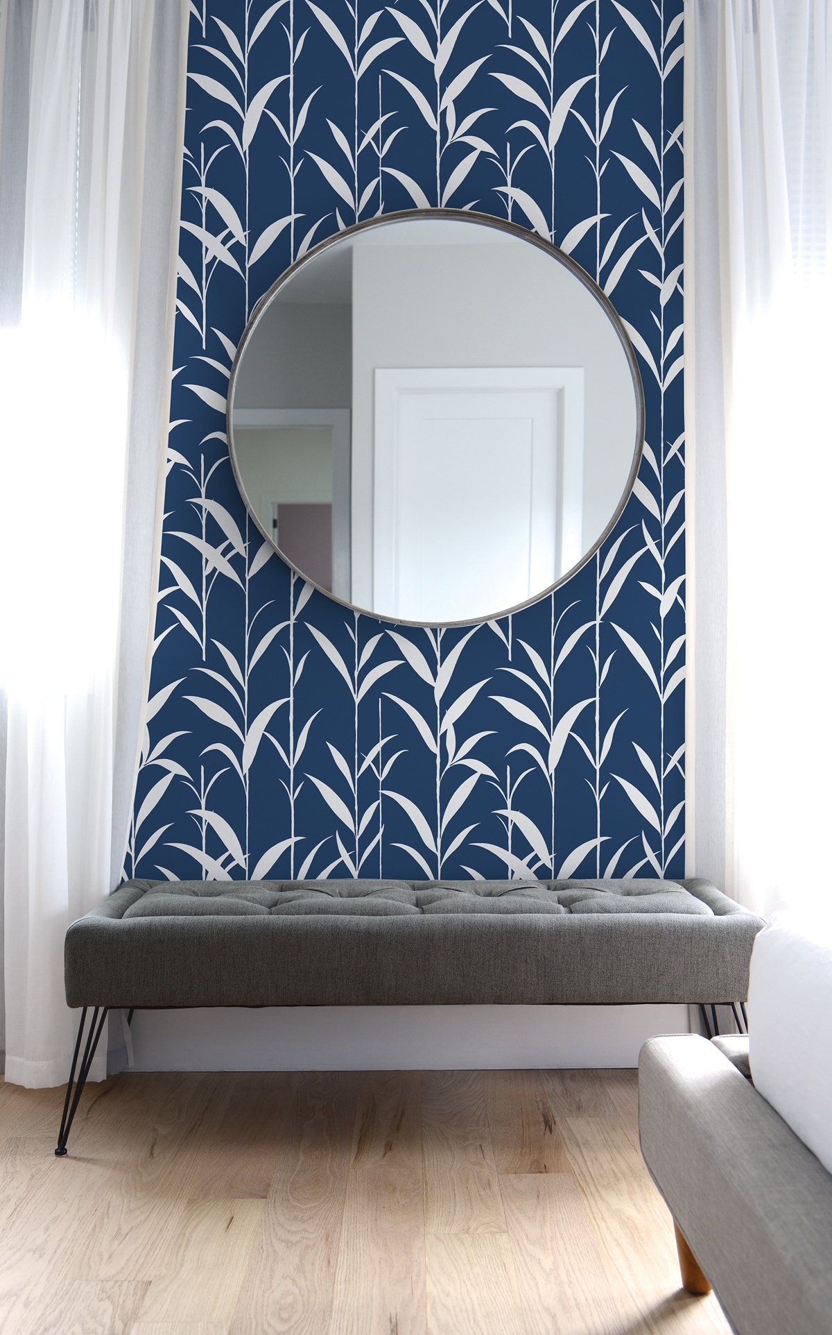 Navy Blue Bamboo Leaves Self-Adhesive Vinyl Wallpaper