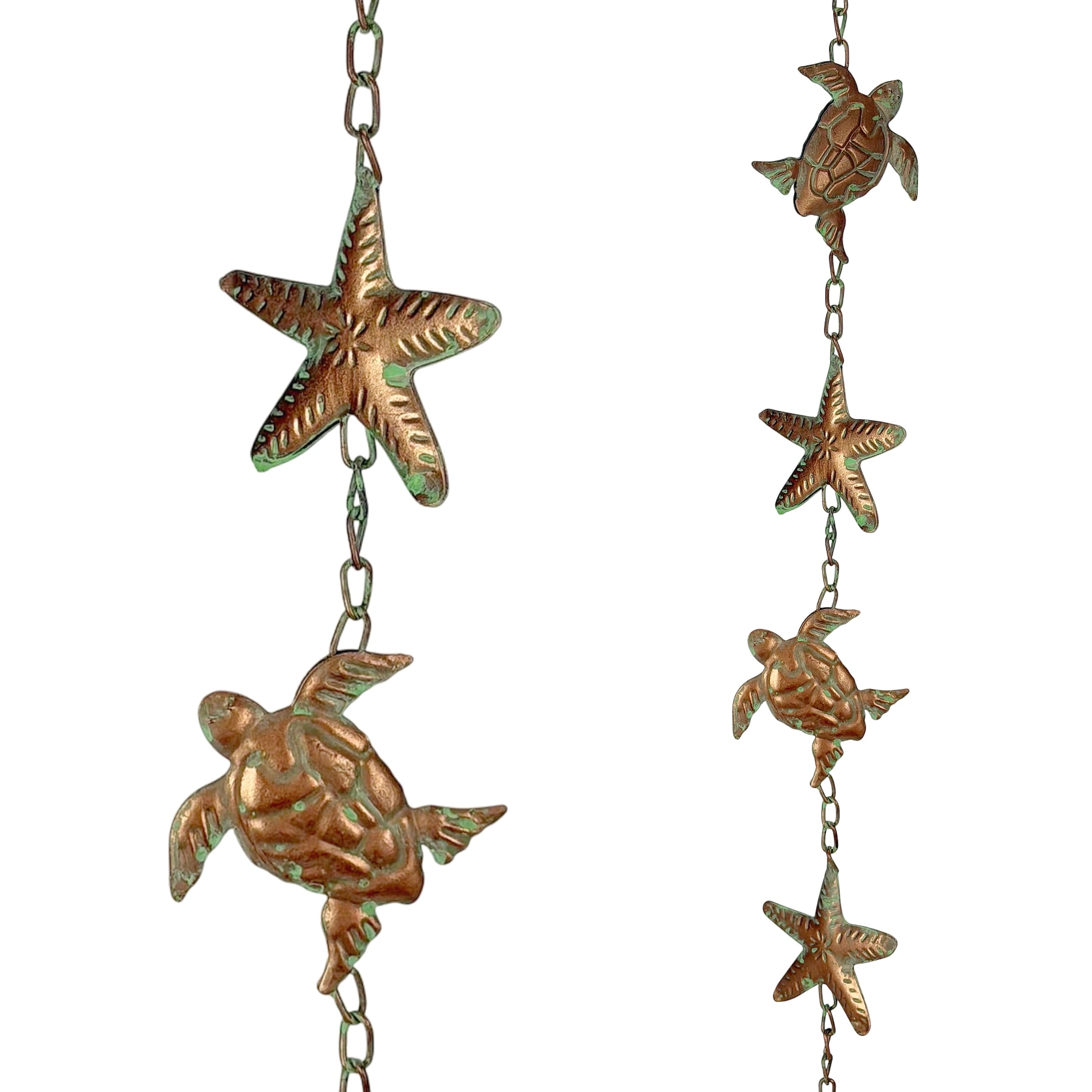 Zeckos  84-in Metal Sea Turtle and Starfish Rain Chain with Copper Verdigris Finish and Hanging Hook
