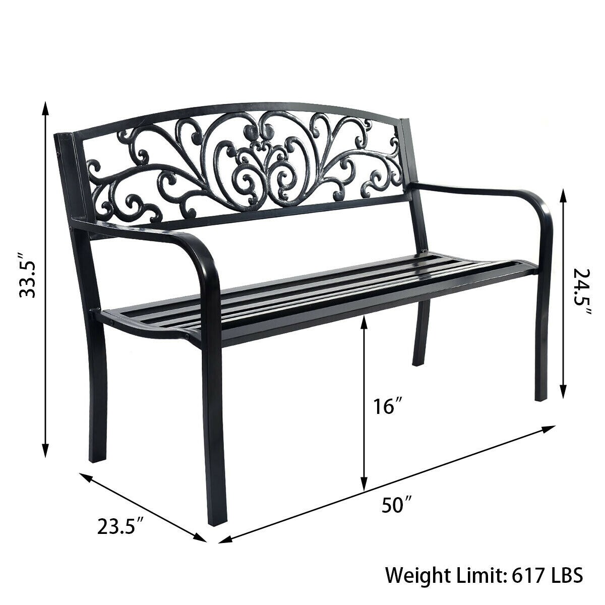 Clihome Outdoor Patio Park Bench 50-in W x 33.5-in H Black Steel Garden ...