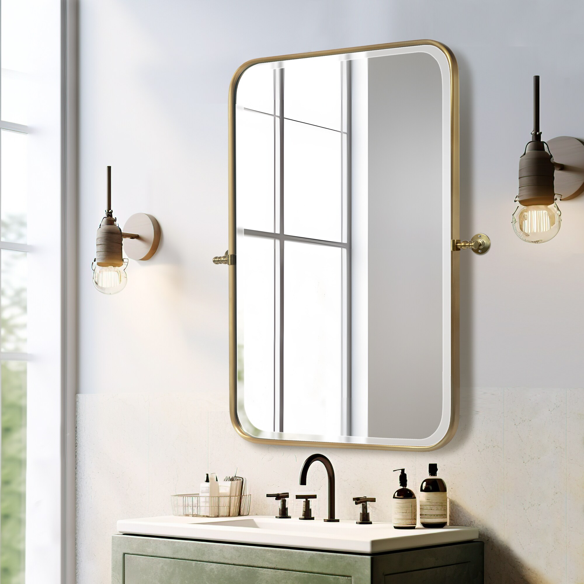 23-in x 32-in Framed Rectangle Bathroom Vanity Mirror (Gold) LS ...