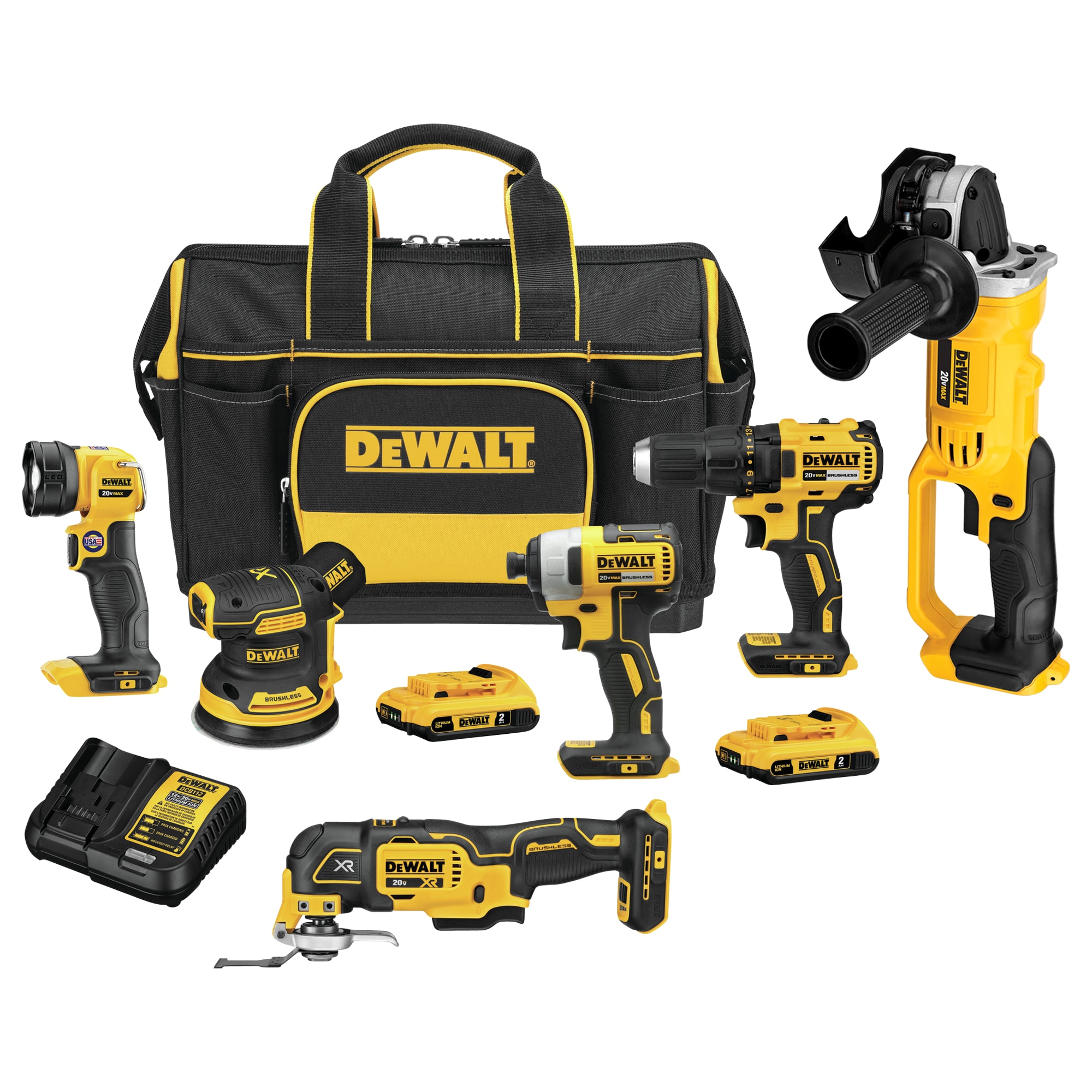 DEWALT 5-Tool 20-Volt Max Brushless Power Tool Combo Kit with Soft Case (2-Batteries and charger Included) & 4.5-in 20-Volt Trigger Switch Cordless