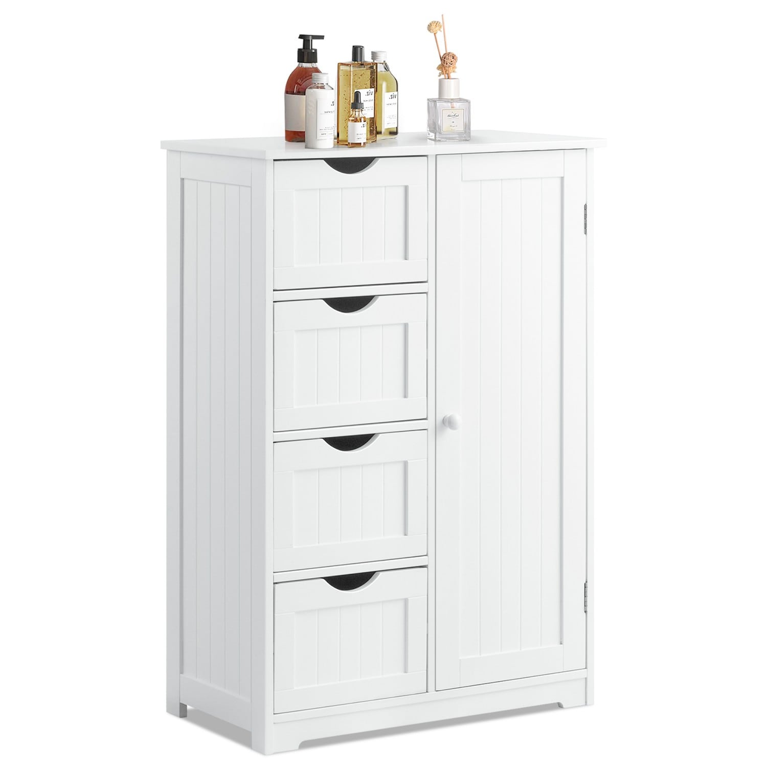 Costway HW54899 Bathroom Storage Wooden 4 Drawer Cabinet Cupboard 2 Shelves Free Standing White